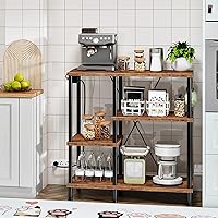 Vista 2 de HOOBRO Estante para panaderos con toma de corriente, soporte para microondas con 5 ganchos en forma de S, barra de café, estante de almacenamiento