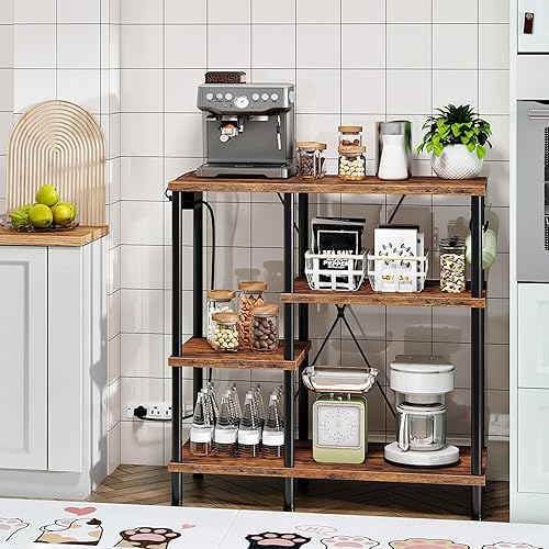 Miniatura 2 de HOOBRO Estante para panaderos con toma de corriente, soporte para microondas con 5 ganchos en forma de S, barra de café, estante de almacenamiento