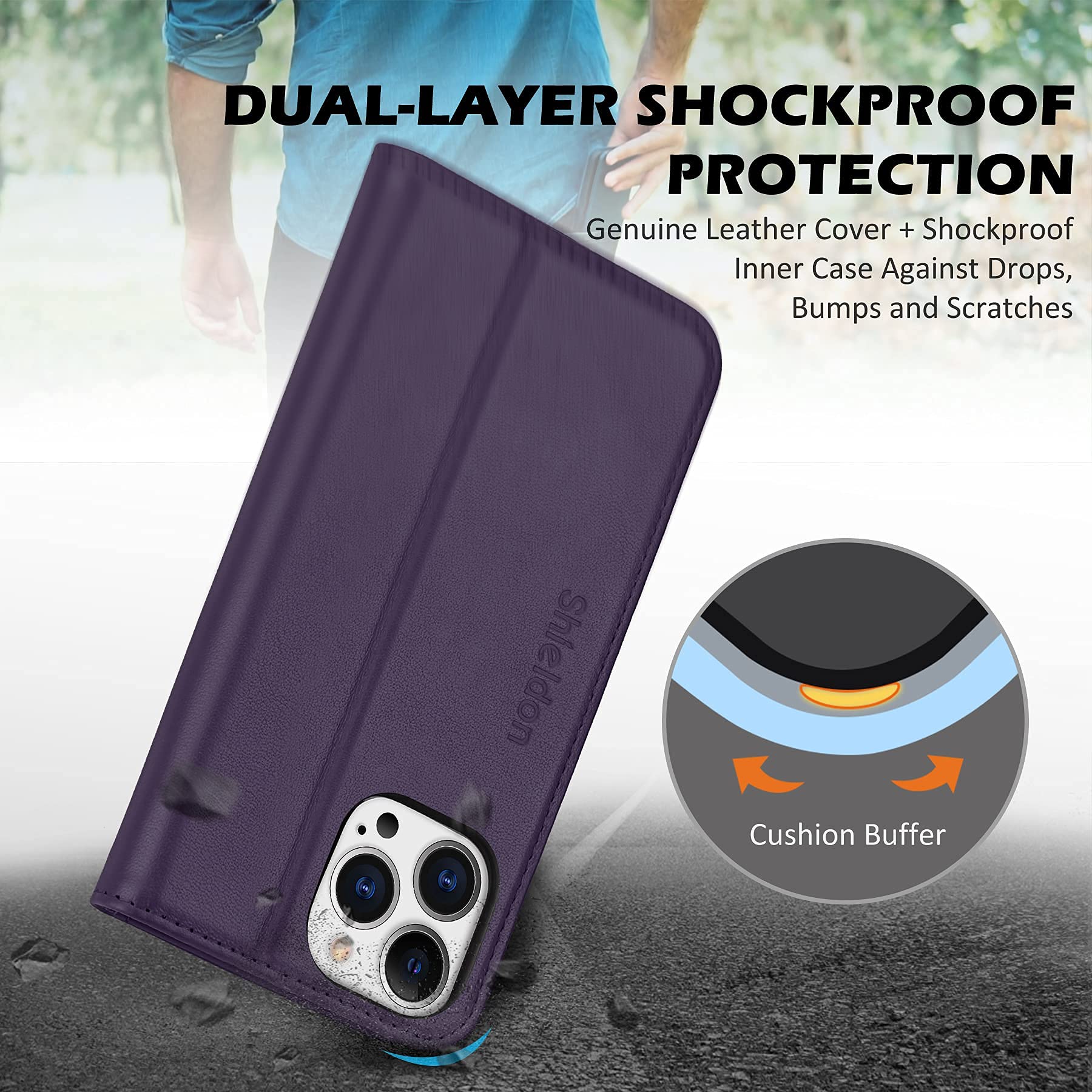 SHIELDON Case for iPhone 13 Pro 5G, Genuine Leather Wallet Case RFID Blocking Credit Card Holder Folio Kickstand Magnetic Full Shockproof Cover Compatible with iPhone 13 Pro 5G (6.1") - Dark Purple