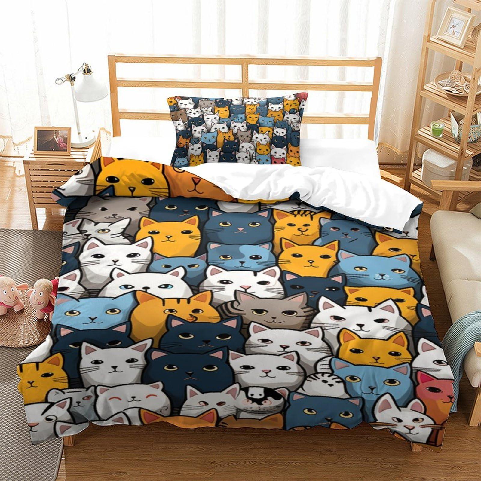 Housse de couette chat 3D fermeture éclair microfibre anti-glisse lit enfant 135x200