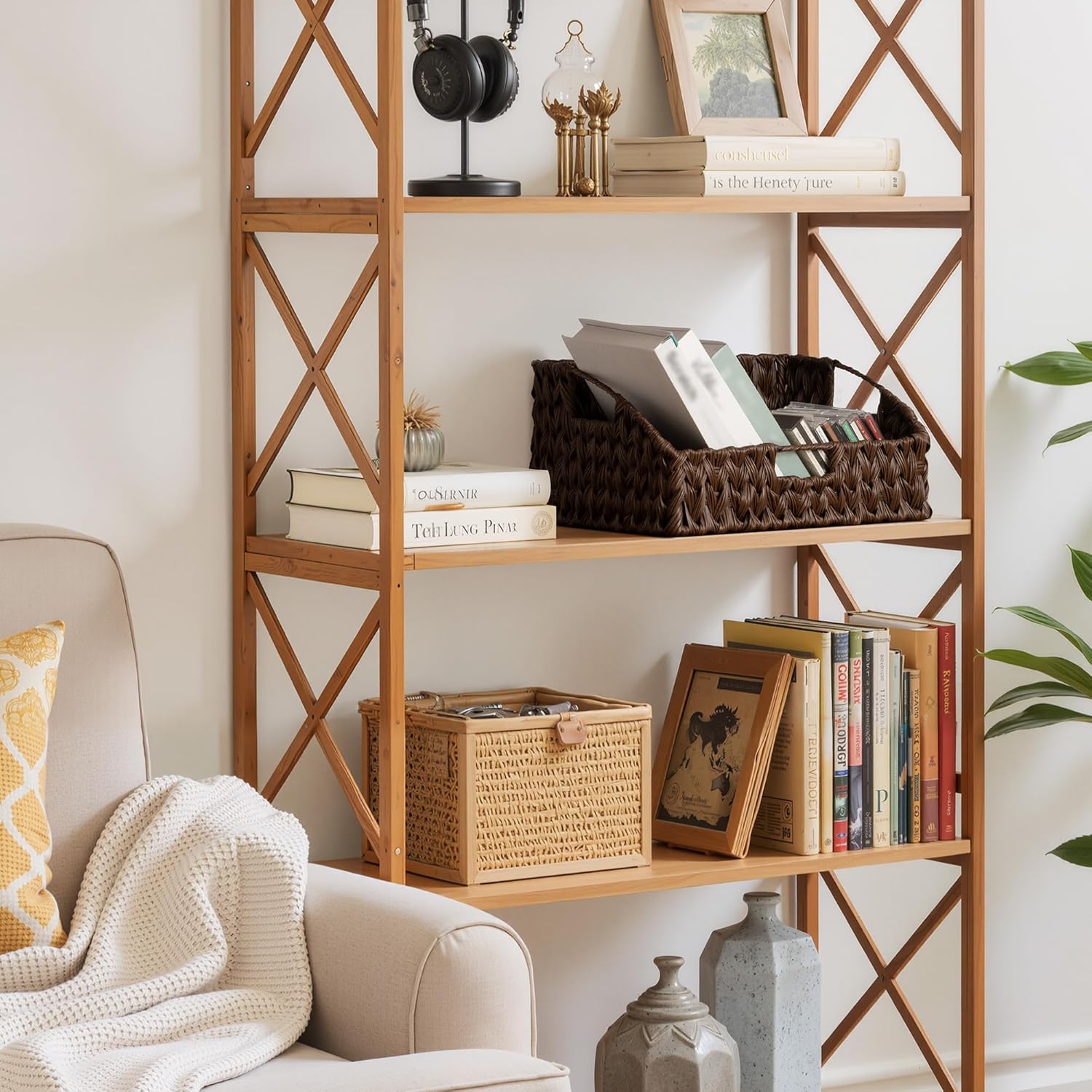 GRANNY SAYS Wicker Storage Basket for Shelves, Large Wicker Basket with Handles, Trapezoid Woven Baskets for Storage, Decorative Baskets for Home Decor, Brown