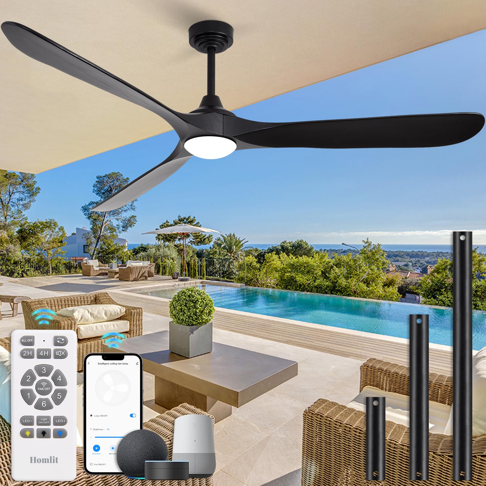 Homlit Ceiling Fan with Lights, 72'' Solid Wood Indoor/Outdoor Ceiling Fan with Quiet Reversible DC Motor, Control with WIFI Alexa App, 3CCT Dimmable,