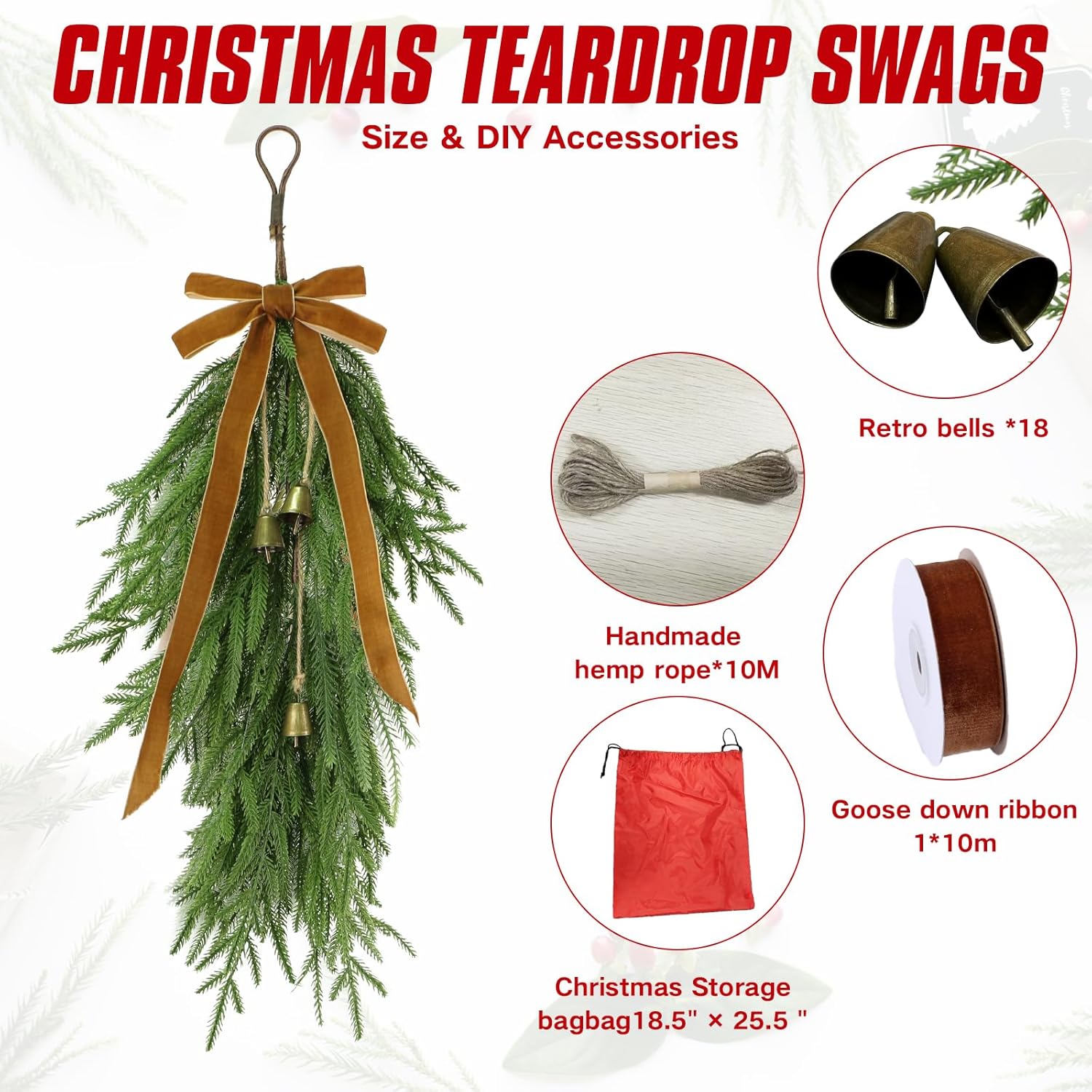 DECKIT 6Pcs 27" Christmas Teardrop Swag/Artificial Norfolk Pine Teardrop Wreath .Yellow Velvet Bow & 18 Vintage Brass Bells for Christmas Door swags, Mantle Fireplace, Stairway Window Outdoor Decor
