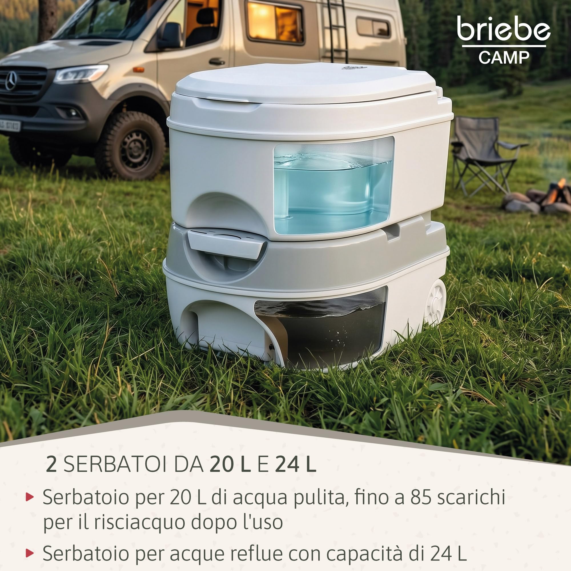 briebe Camp WC Portatile 24L Bagno Chimico, Campeggio, Camper, Roulotte, Barca e Outdoor, Serbatoio di Scarico dell'Acqua con Pompa a Pistone 20L, Potty