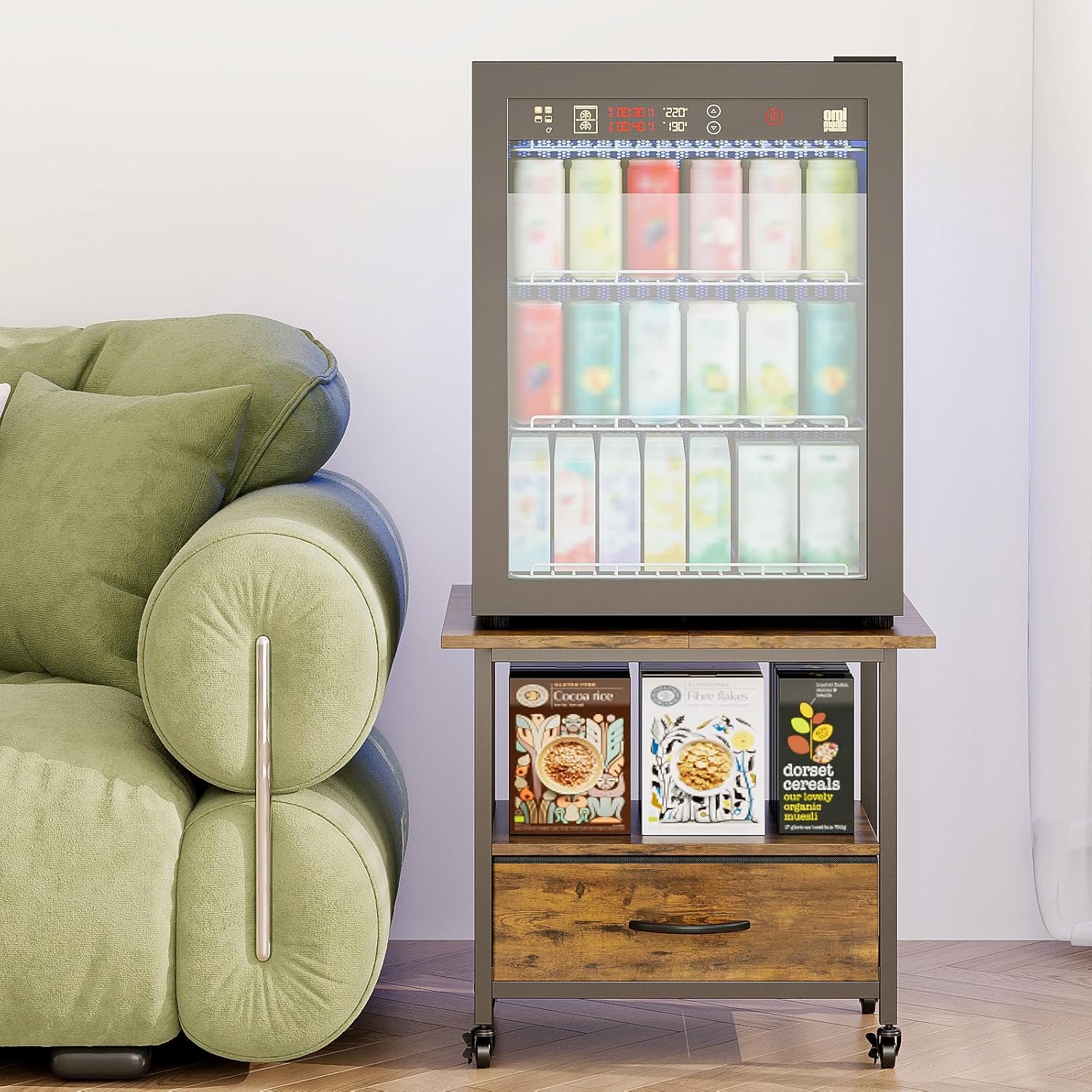 Mini Fridge Stand with Fabric Drawer, 2-Tier 19.6" Heavy Duty Mobile Refrigerator Table Cart with Wheels, Microwave & Printer Shelf for Dorm, Office, Kitchen,Max Load 300 LBS (Brown)