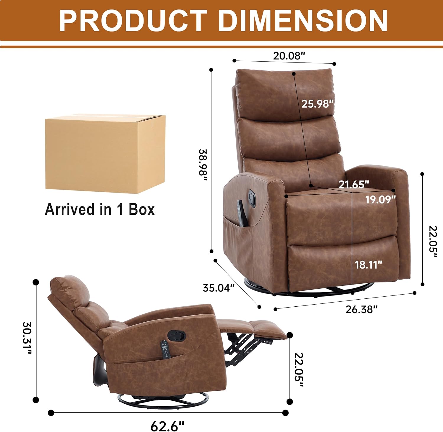 Manual Swivel Rocker Recliner Chair for Adults, Overstuffed Reclining Glider Chair for Nursing with Vibration Massage & Heat, Living Room Rocking Recliner 3-Stage backrest, Faux Leather Yellow Brown