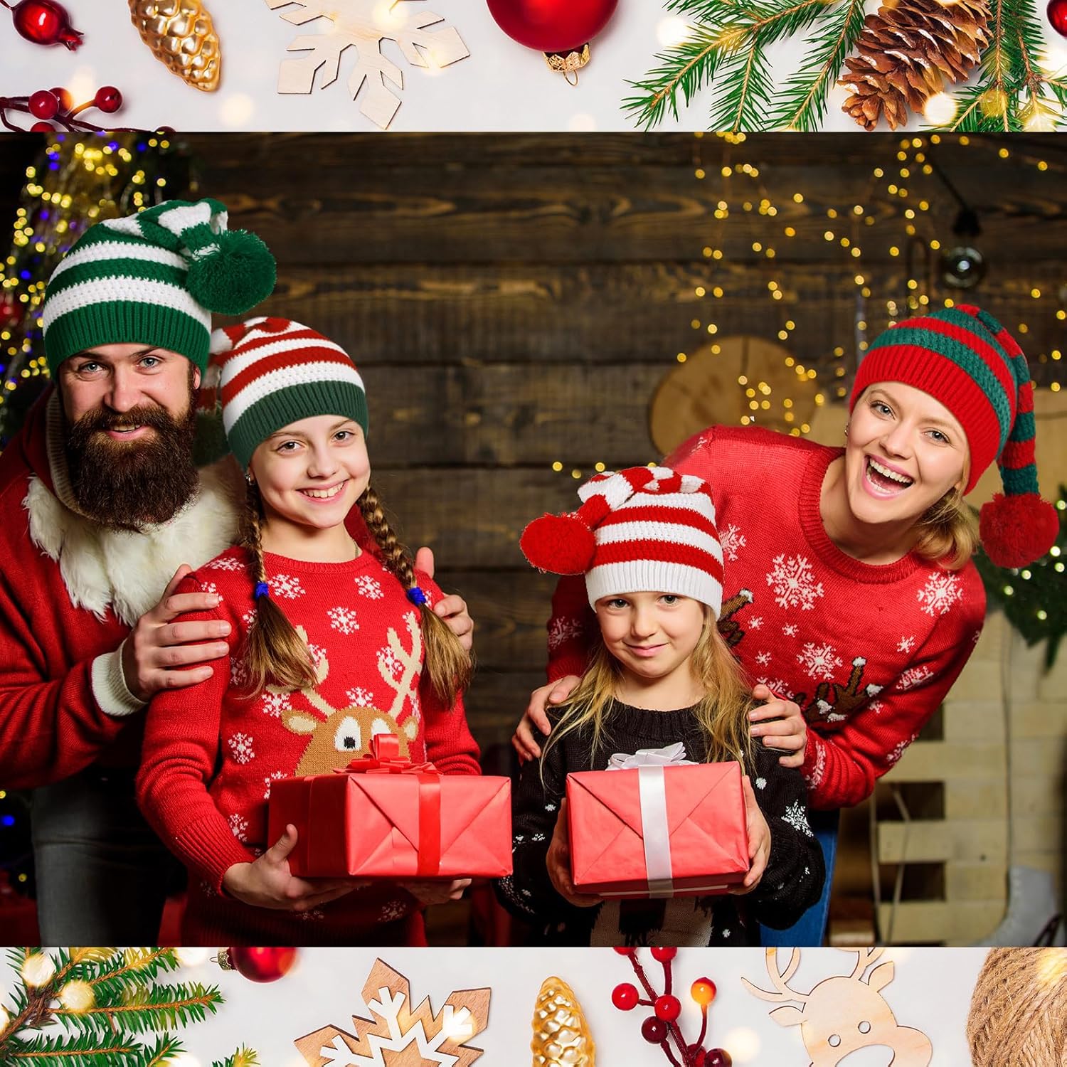 Liitrsh 8 Pcs Christmas Knitted Elf Hats for Adults Xmas Beanie Striped Winter Santa Hats Soft Skull Cap with Pompom for Women Men Ski Costume Party - Image 6