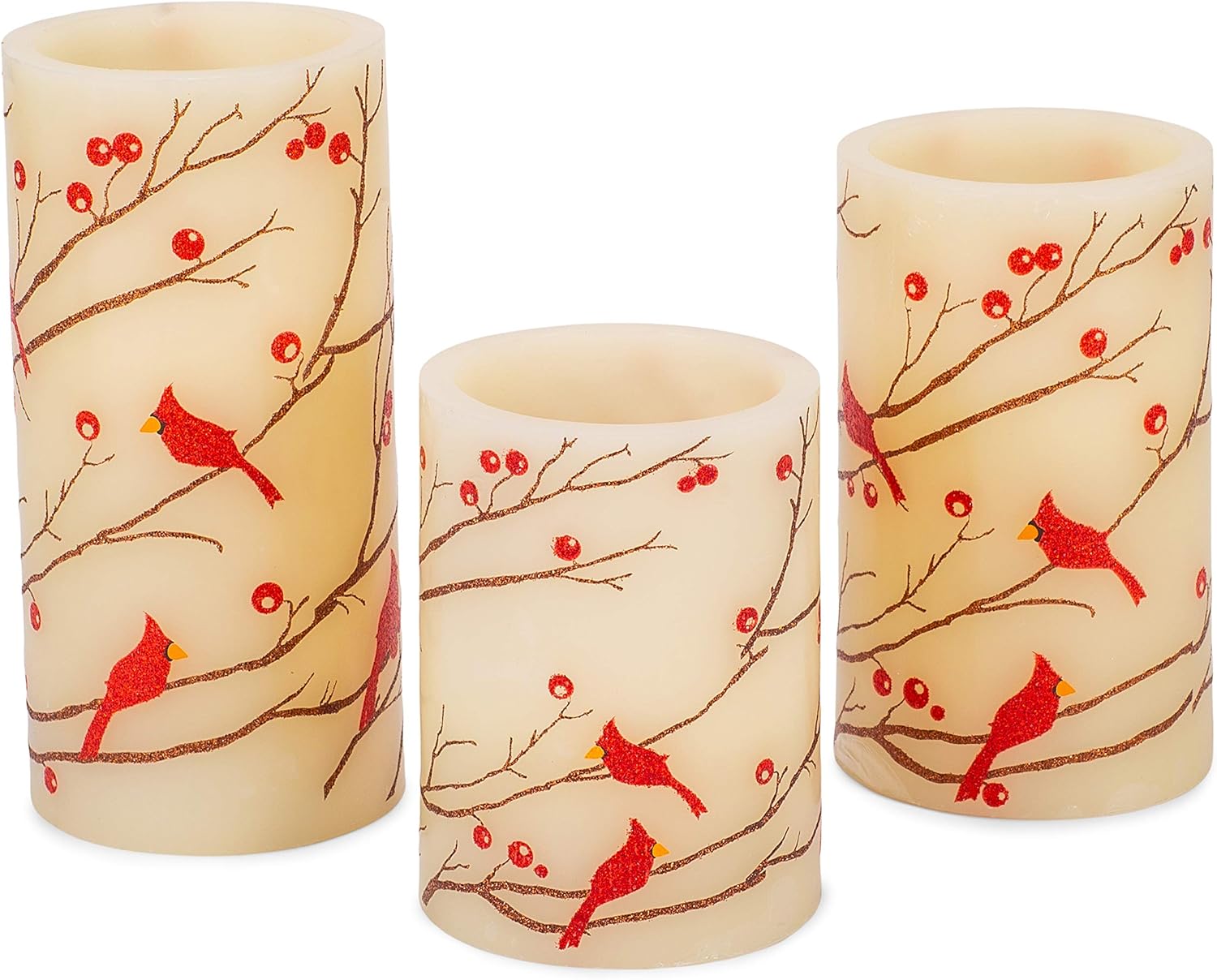 Mark Feldstein & Associates Flameless LED Glitter Berries and Cardinals Wax Pillar Candles with Timer, 3pc Set - Image 3