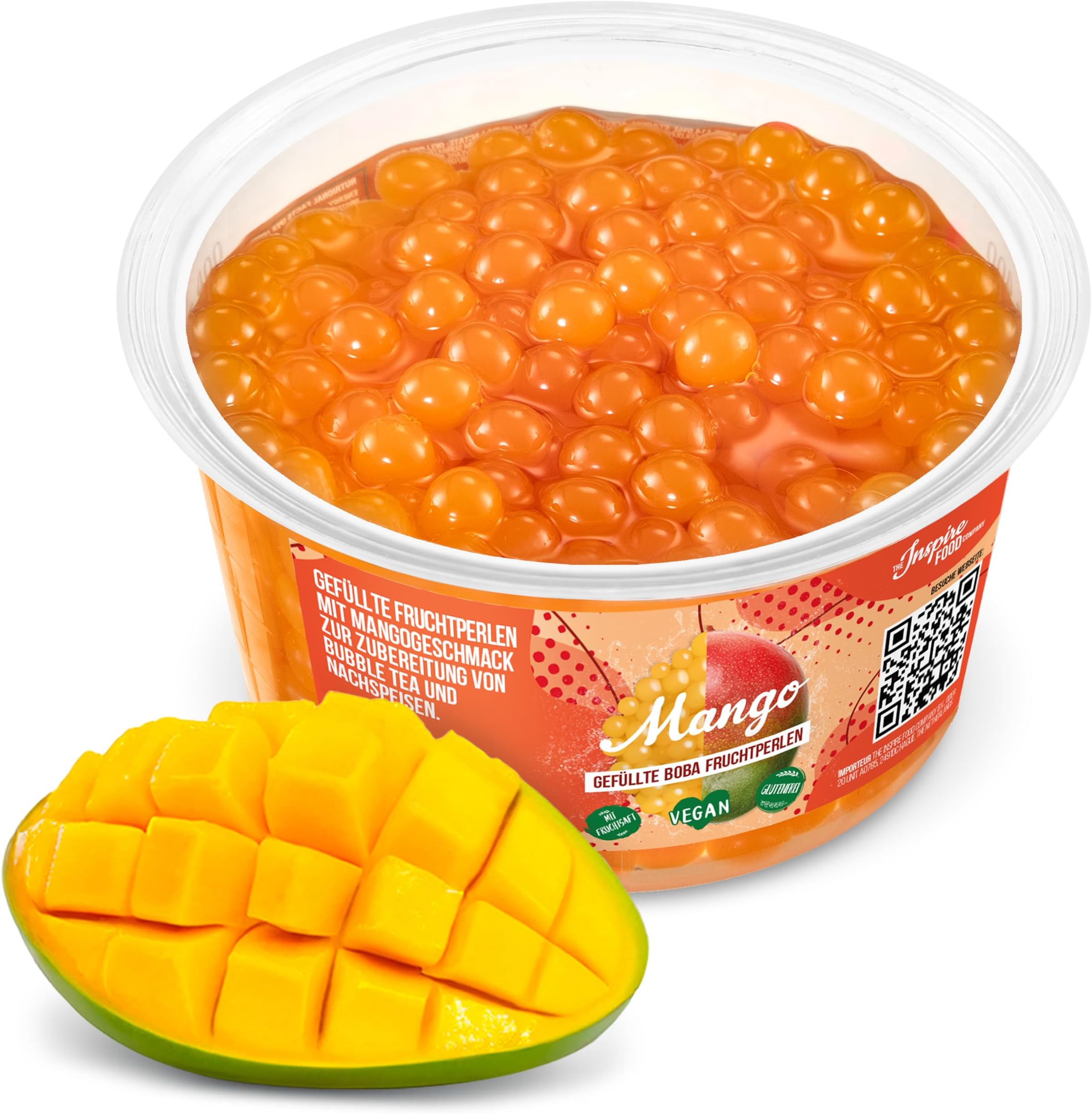 The Inspire Food Company Popping Boba Pearls for Bubble Tea - 450gm | Mango | Bursting Pearls Bubble | Real Fruit Juice For Shakes, Dessert,Smoothie | 100% Vegan & Glutenfree, No Artificial Colors