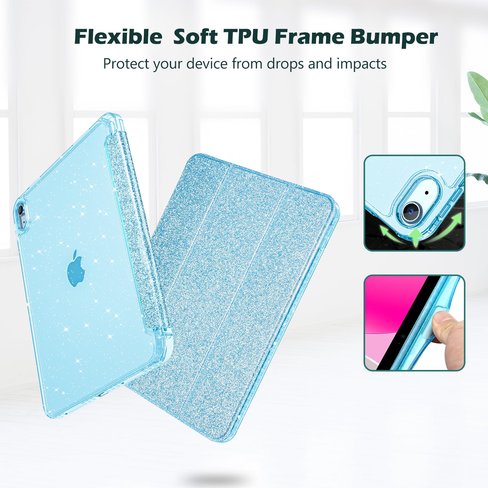 ProCase Cover iPad 11 Generazione A16 11 Pollici 2025/iPad 10 Generazione 10,9 Pollici 2022,Custodia con Portapenna Auto Sonno/Veglia -Glitter Blu