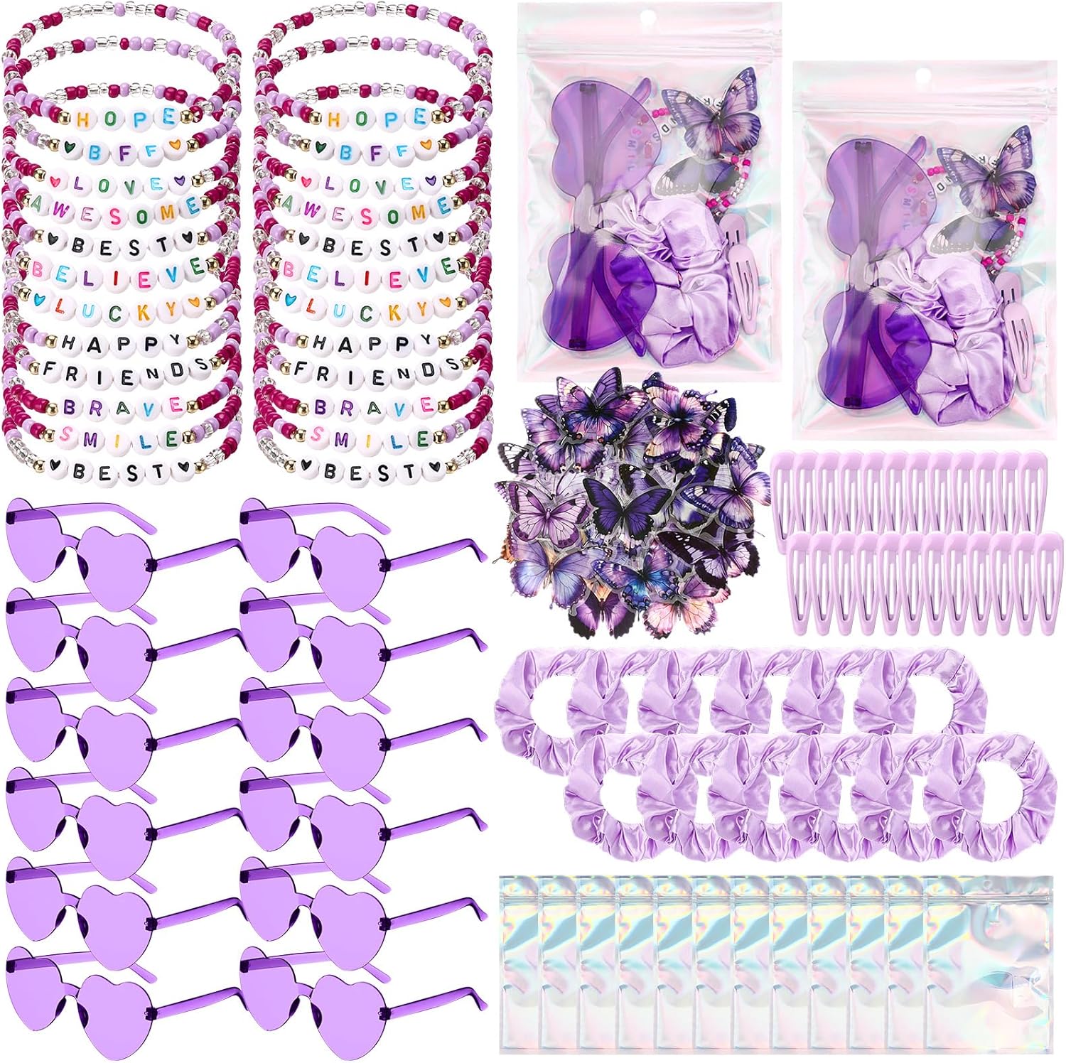 Quelay 134 Pcs Kpop Disco Party Favors Popular Singer Party Friendship Gift Set Birthday Bracelets Sunglasses Satin Scrunchie Clips Stickers Bags for 80s Y2k Fans Women Girls(Heart,Purple) Purple Heart