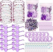 Quelay 134 Pcs Kpop Disco Party Favors Popular Singer Party Friendship Gift Set Birthday Bracelets Sunglasses Satin Scrunchie Clips Stickers Bags for 80s Y2k Fans Women Girls(Heart,Purple)