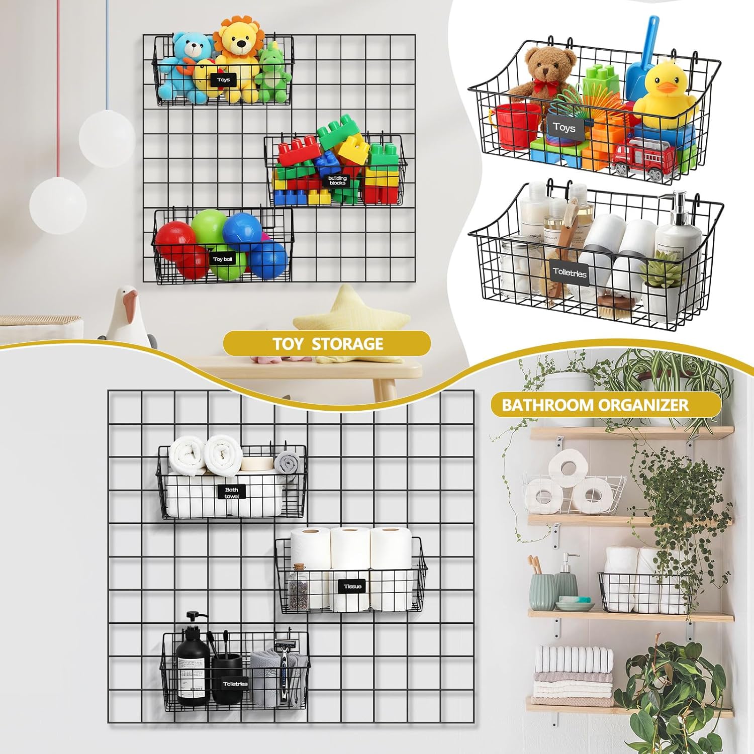 4 Pack Black Grid Wall Baskets, 12 x 6 x 5.1 Inch Metal Wire Wall Basket with Hooks Label Hanging Basket Accessory for Vendor Trade Shows, Kitchen, Bathroom, Pantry Storage