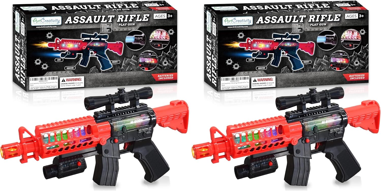 ArtCreativity Toy Rifle Vibrating Toy Guns for Boys, 13.25 Inch Light Up Fake Gun with Sounds, Immersive Vibration, and Batteries Included, Military Toy Machine Gun, Toy Guns for Boys 8-12 (Pack of 2)