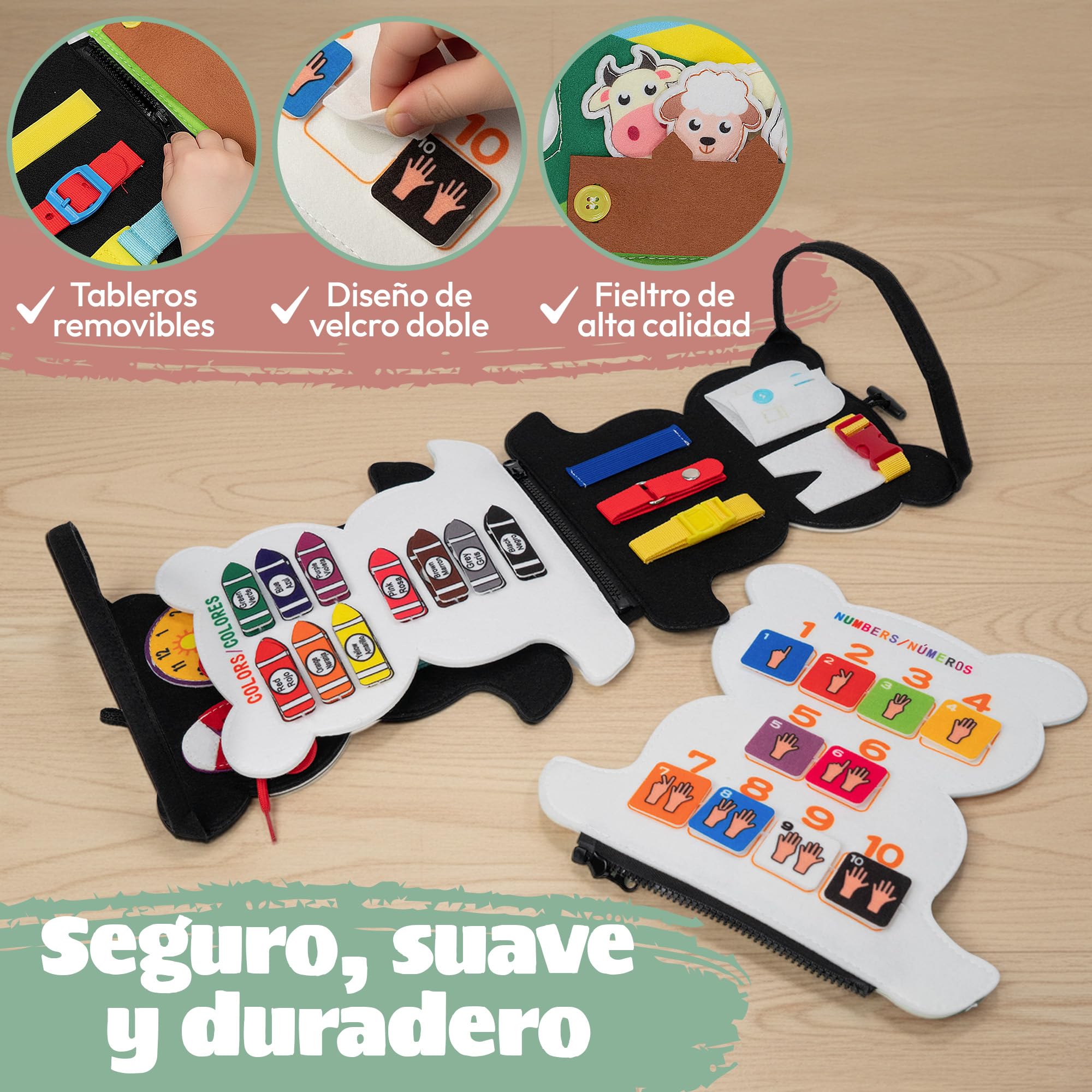 Busy Board Montessori +3 años de Fieltro - Busy Book Sensorial con Letras, Números y Animales - Juego Montessori 3 años con Habilidades de Motricidad Fina - Diseño Panda — view 6
