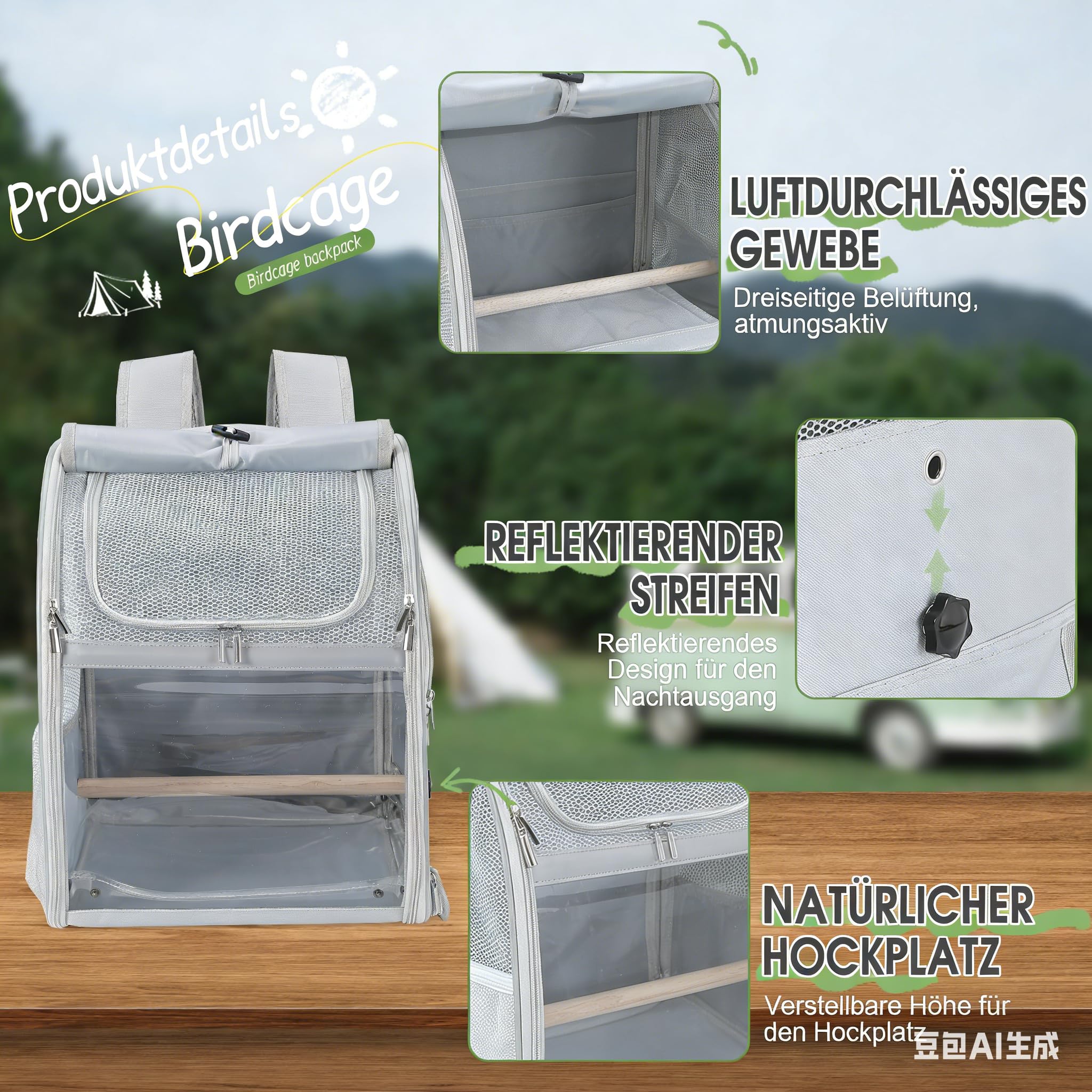 Mochila de transporte para periquitos y loros, resistente al agua, con 2 perchas y bandeja, jaula de viaje transpirable para cacatúas, ligera, 33,5 x 29 x 43 cm