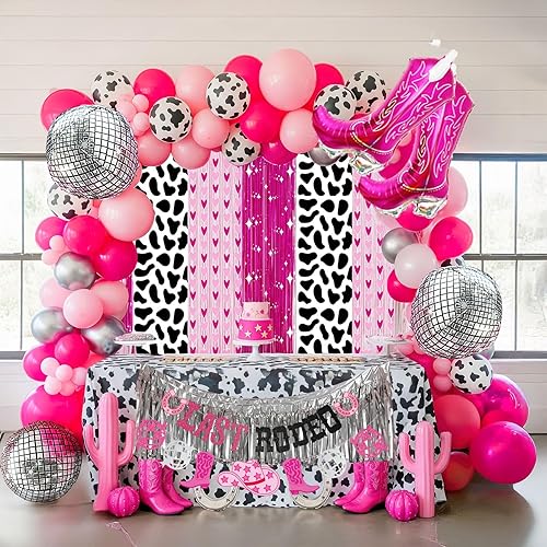 Miniatura 8 de Decoración de fiesta de despedida de soltera de vaquera con arco de globos de color rosa intenso y plateado, botas de disco con estampado de vaca,