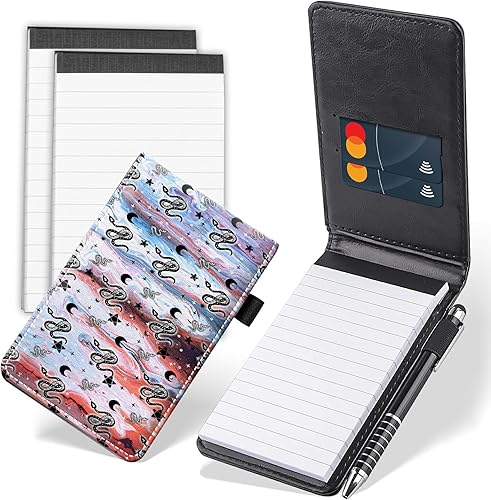 Miniatura 8 de Juego de 4 mini bloc de notas de bolsillo, funda de piel sintética con purpurina Sakura para cuaderno con 2 ranuras para tarjetas, 1 lápiz