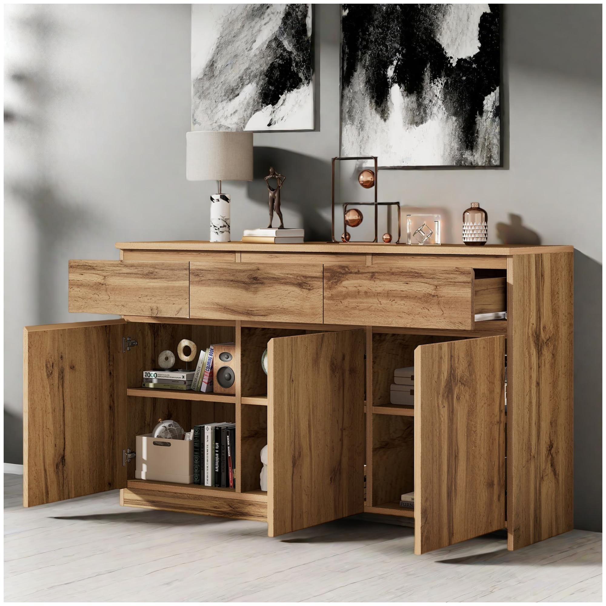 Mueble multifuncional, 135 x 40 x 81 cm, mueble decorativo de madera original, con 3 puertas y 3 cajones, aparador de cocina, cajonera, mueble recibidor