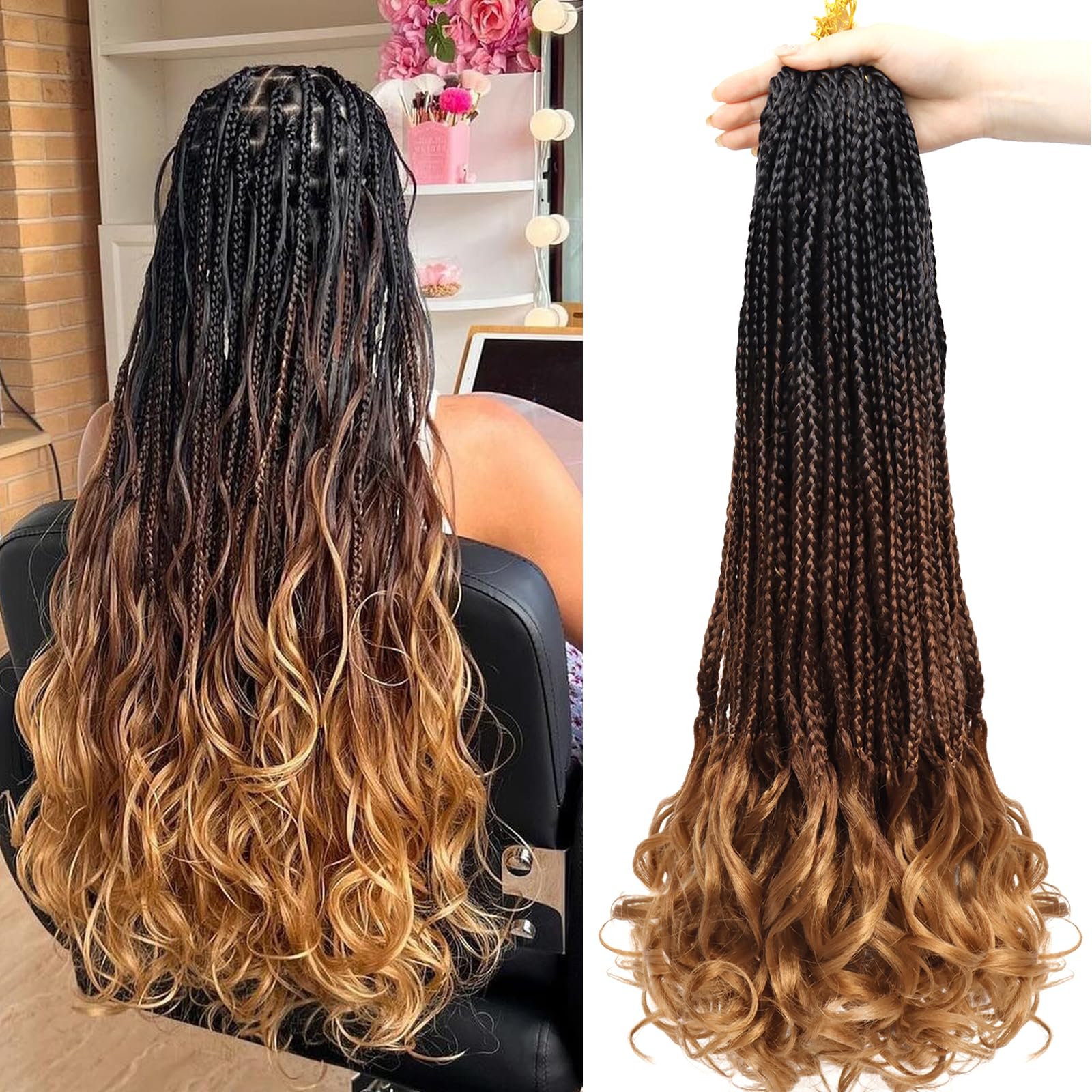 French Curl Crochet Braids 24 Inch 8 Packs Goddess Box Braids Crochet Hair for Women Pre Looped Crochet Box Braid with Curly Ends Synthetic French