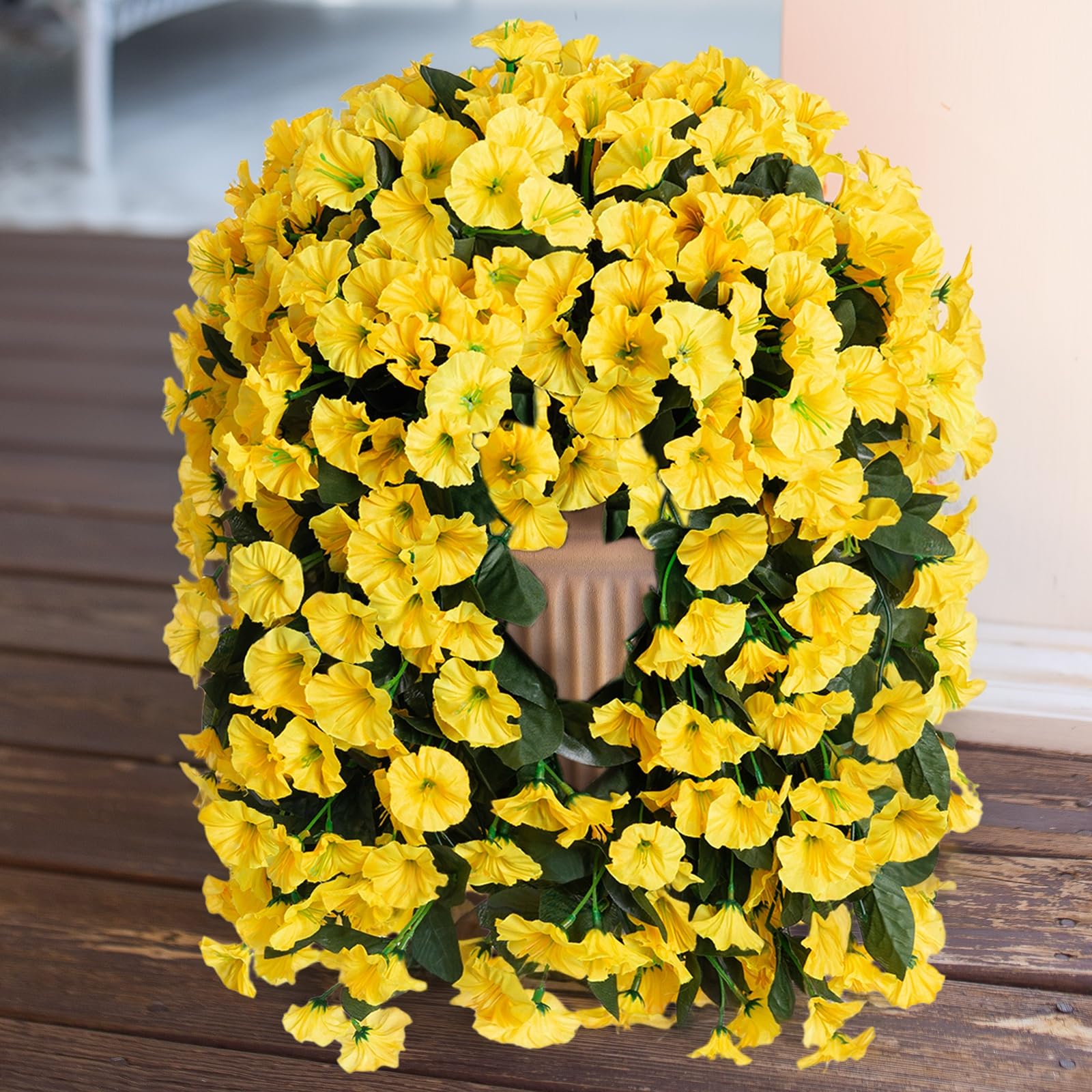 Artificial Fake Hanging Flowers Plants for Outdoor Outside Decoration, 2PCS Faux Silk UV Resistant Look Real Yellow Morning Glory Trailing Vines for Home Planter Porch Patio Balcony