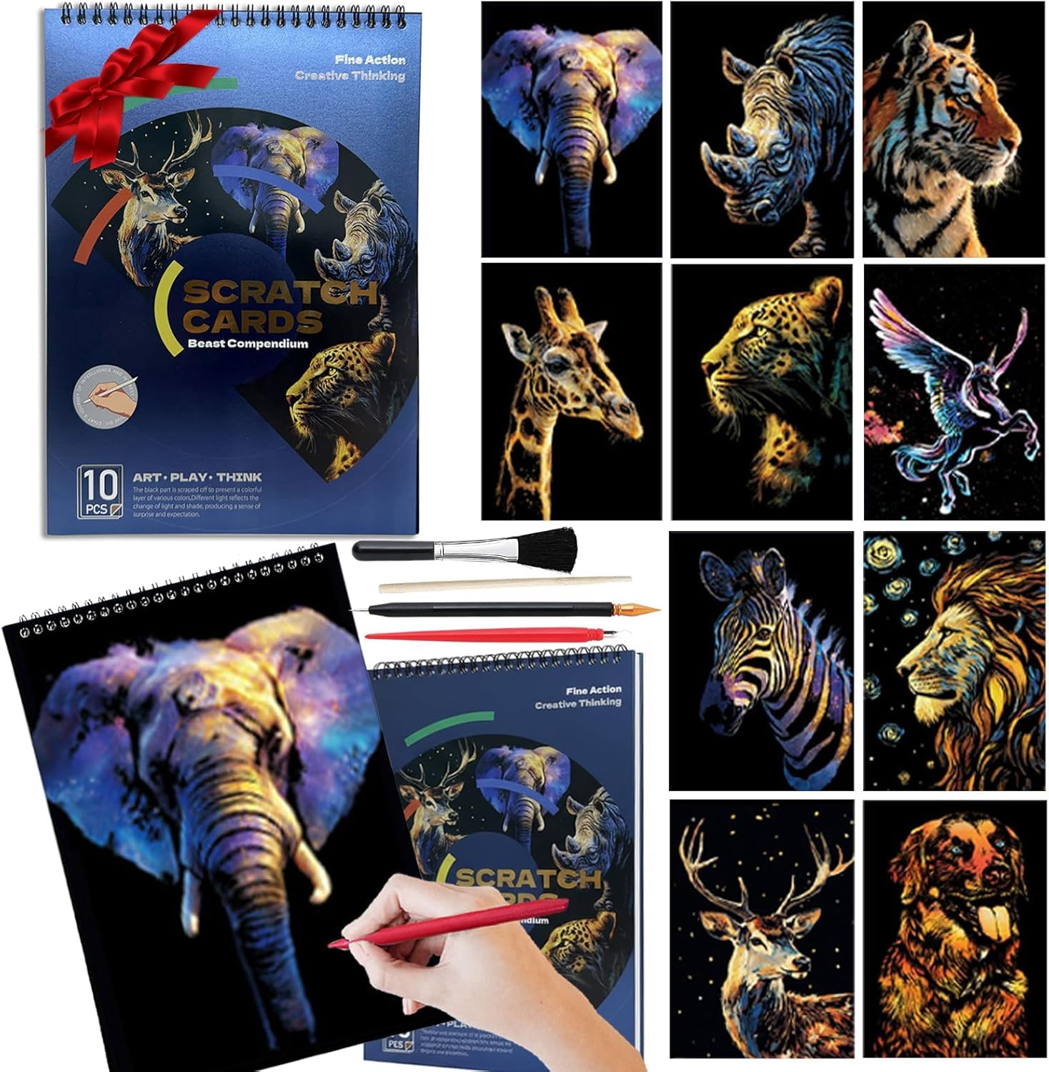 SiYear Scratch Art Book for Adults-Colorful Animal Series Scratch Paper|Scratch Painting Paper Craft Kit|Creative Foil Engraving Scratch Art|Handmade Creative Gifts(Animal /10PACK)