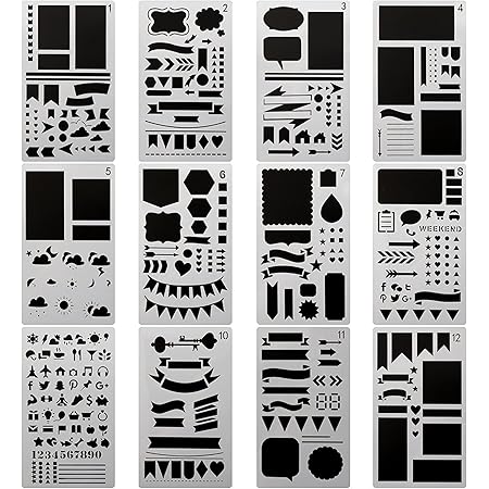 Amazon 描画テンプレート Diy アート 製図 ステンシル 図案豊富 プラスチック 描画ルーラー ノート 手帳用に 12枚セット 定規 文房具 オフィス用品