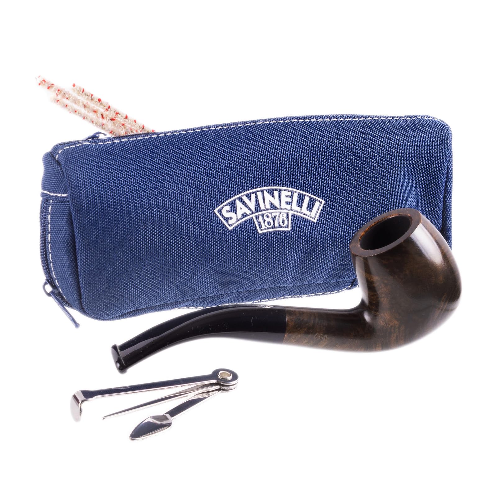 One Kit - Handmade Italian Briar Wood Pipe, Blue Zipper Pouch, Cleaners, Czech Pipe Tool, 6mm, Bent Billiard, Polished Finish, 601