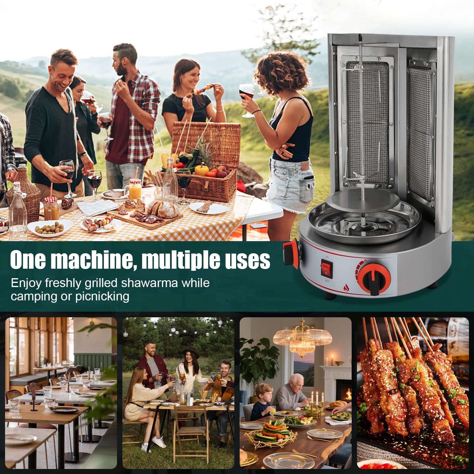Barbacoa de gas de 4300 W, 220 V, pincho de kebab de 360°, máquina de kebab de gas, barbacoa de acero inoxidable, parrilla vertical para casa, parrilla de pollo, parrilla de mesa para vacuno, cerdo