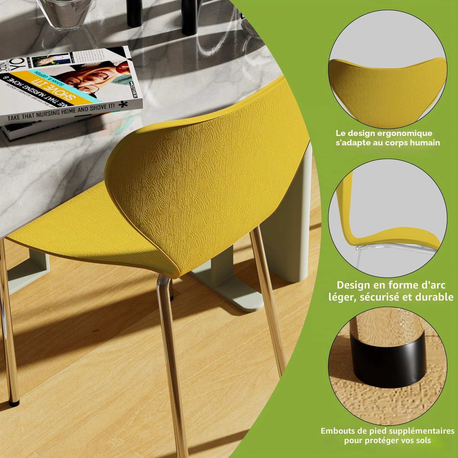 PIPIPOXER Lot de 4 chaises scandinaves, Salle à Manger ou Bureau avec Pieds en Métal, pour Cuisine, Salon, Salle de Réunion, Jardin, Jaune