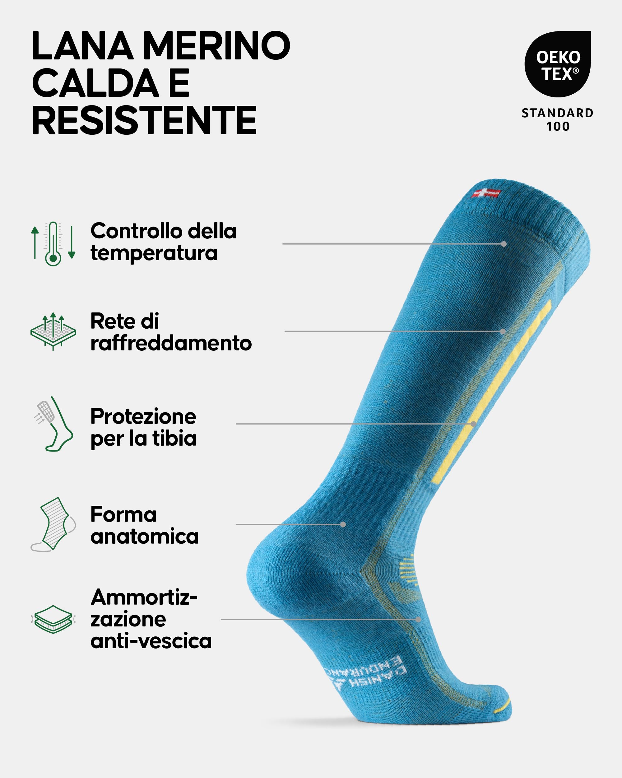DANISH ENDURANCE Calze da Sci in Lana Merino, Termiche, Tecniche, Traspiranti, Uomo, Donna e Bambino
