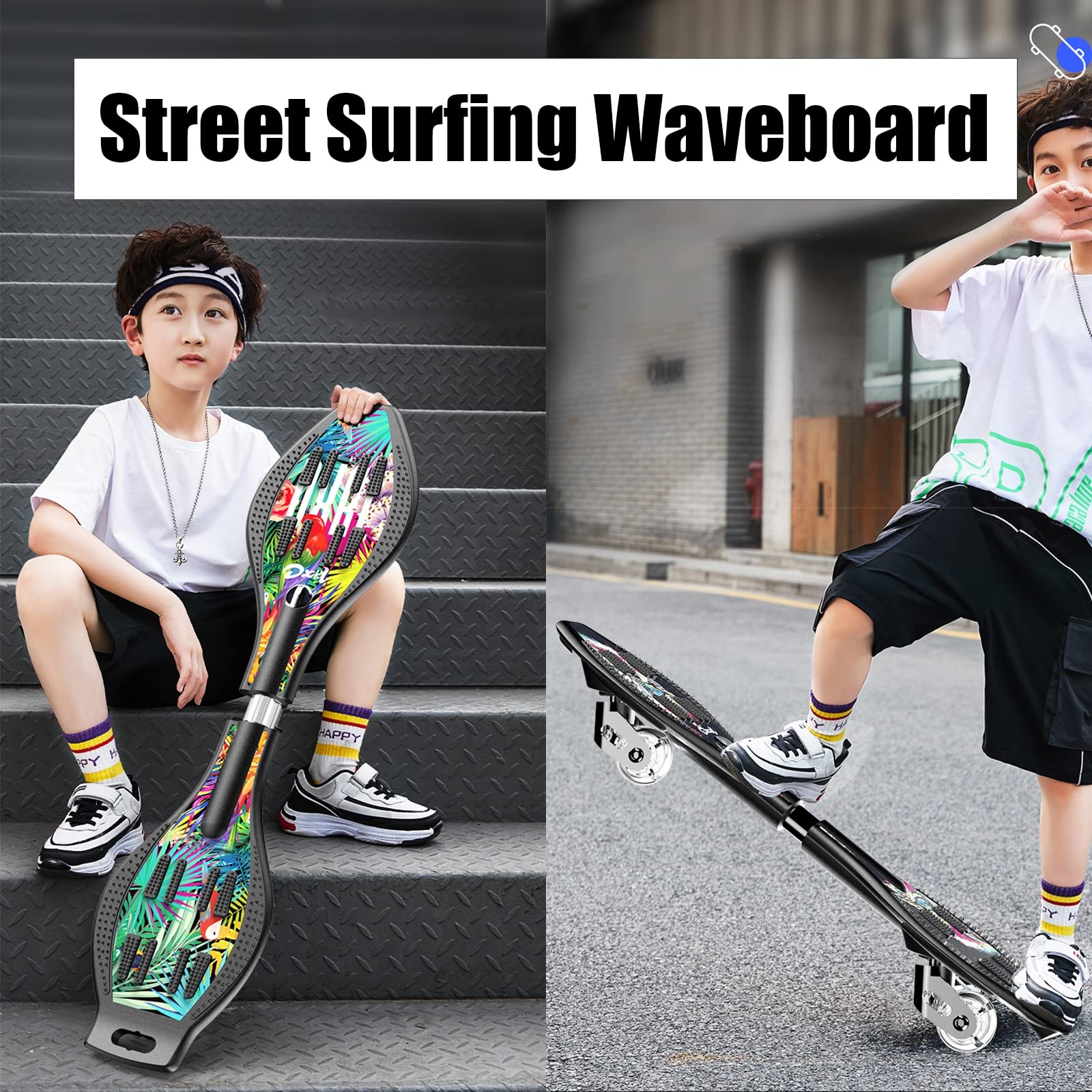 Profi Waveboard Kinder ab 10 Jahre, Street Surfing Waveboards Erwachsene, Snakeboard mit Anti-Rutsch Noppen, Skateboard für Mädchen und Junge, Bis 100kg, inkl. Tasche