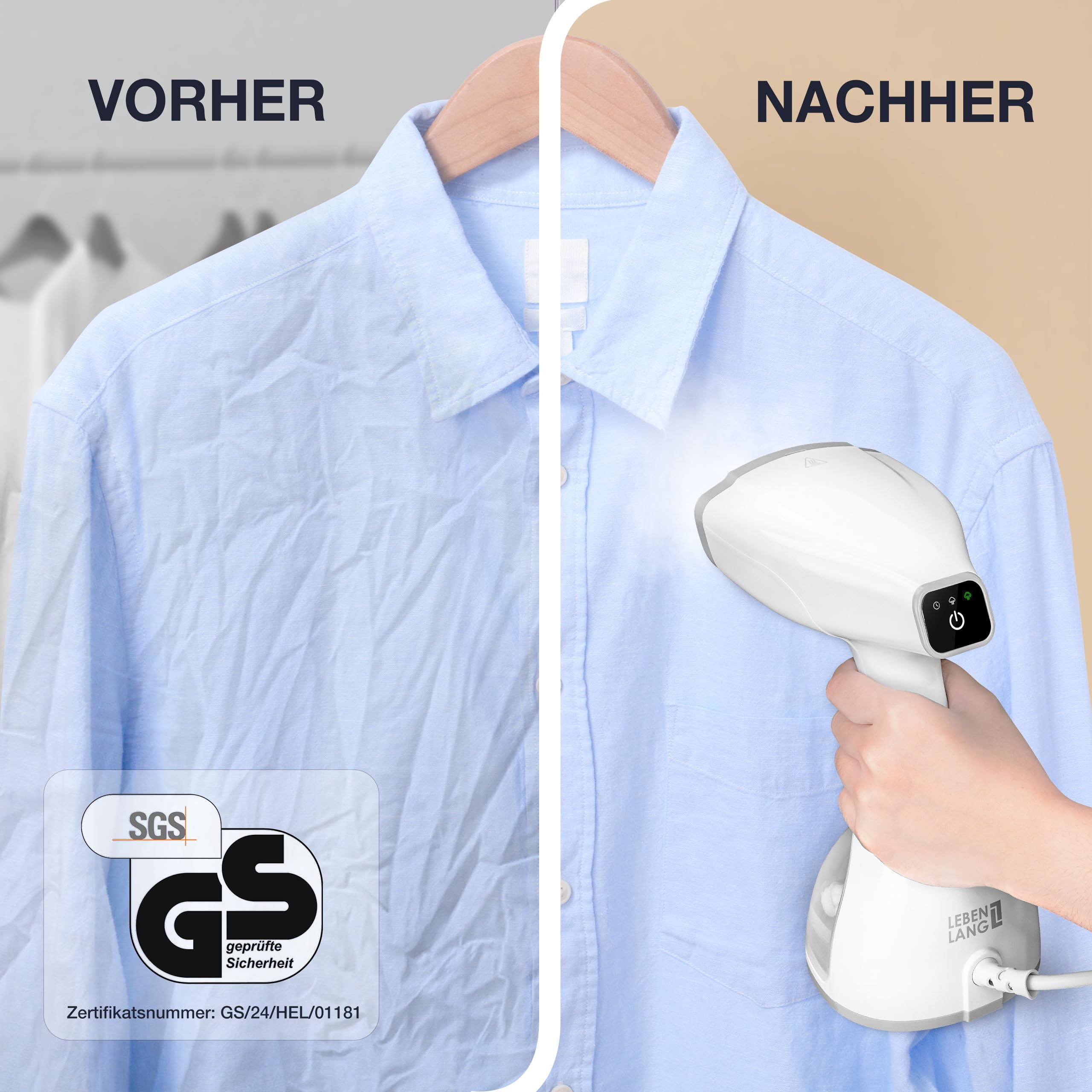 LEBENLANG Steamer Dampfglätter TESTSIEGER 1500W 300ml Bügelhandschuh Aufsätze Pro Dampfsteamer Kleidung Dampfbügeleisen Hand held steam iron Weiß
