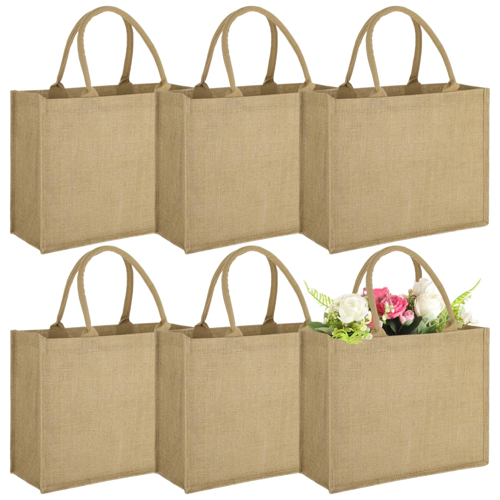 YOFAPA 6 Pcs Jute Burlap Tote Bag - Reusable Large Shopping Bag with Handles, Easy DIY Crafts Bags for Grocery, Shopping, Bridesmaid Wedding,39 x 31 x 15 cm