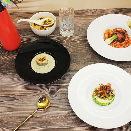 Miniatura 5 de Cuencos de sopa con borde de cerámica de 5.1 onzas, color negro de 8.5 pulgadas, exquisito plato de sopa pequeño, juego de 4, platos de pasta con