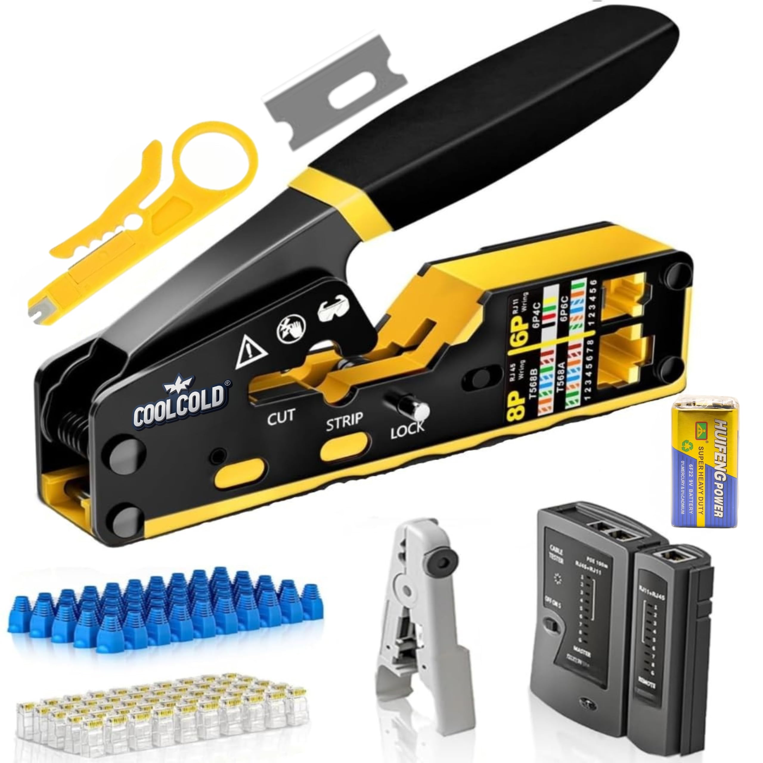 COOLCOLD RJ45 Crimping Tool Kit | Pass Through Ethernet Crimper for Cat7, Cat6, Cat5 | Network Cable Crimping Tool with 20PCS Cat6 Connectors + 20PCS Boots | RJ11 RJ45 Cable Tester With 9V Battery-picture-13