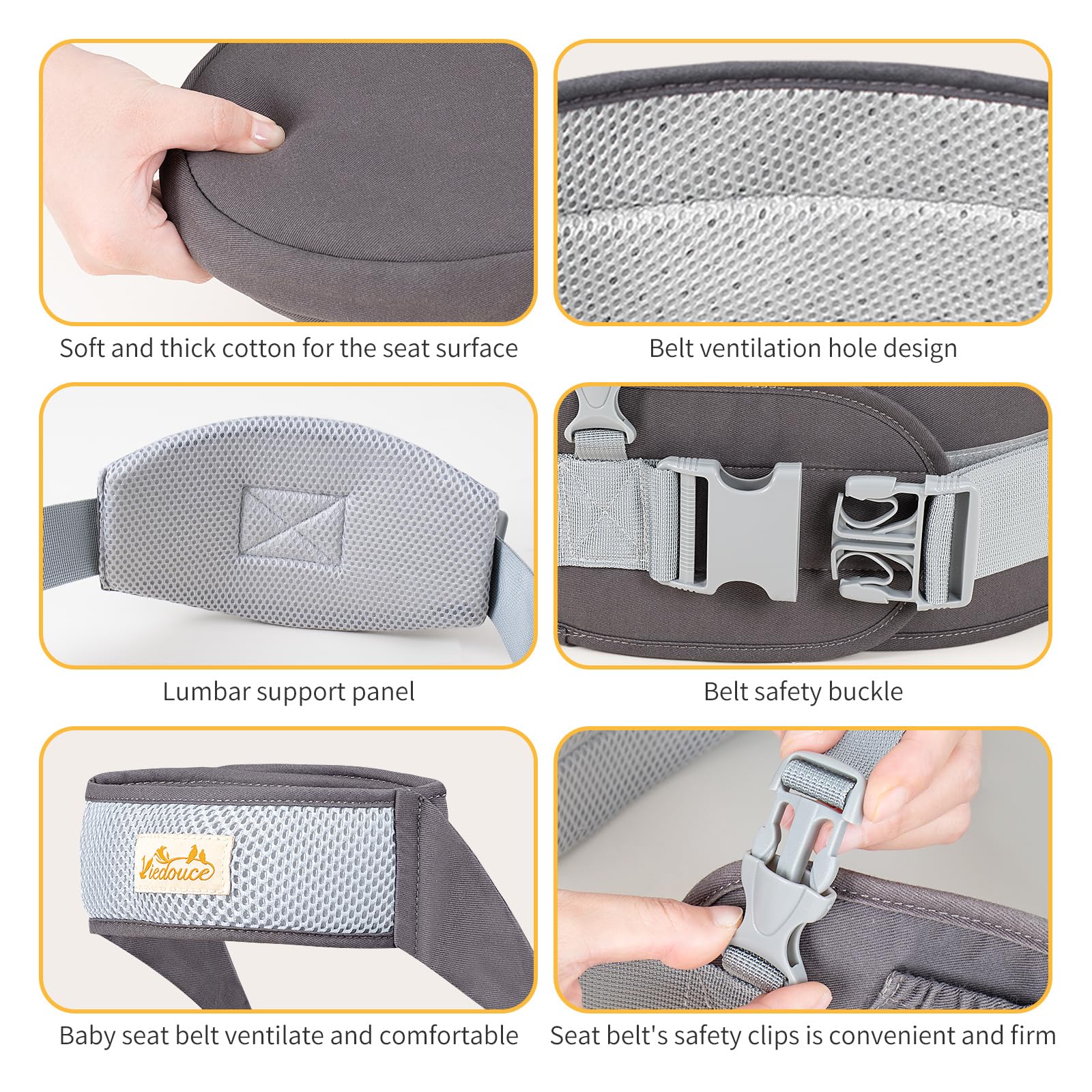 Viedouce Hüftsitz Baby, Ergonomische Hüfttrage Trageshilfe mit Sicherheitsgurt Schutz für Babys und Kleinkind, Leichte und Bequeme Baby Carrier für 4-36 Monate
