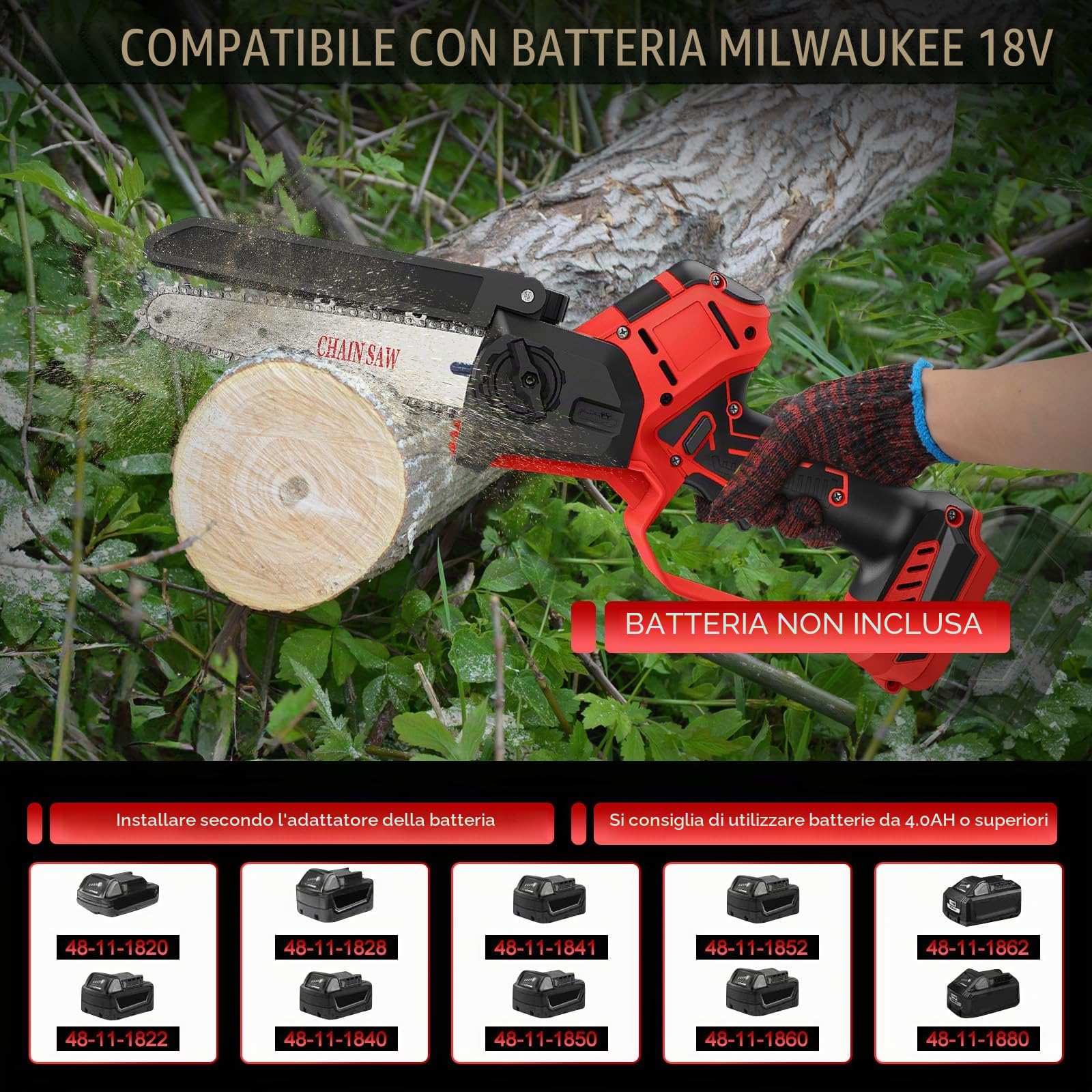 Mini motosega a batteria compatibile con Milwaukee 18V (senza batteria), motosega elettrica a batterie 8 pollici 6 pollici senza spazzole, piccola motosega a catena con catena, serratura di sicurezza