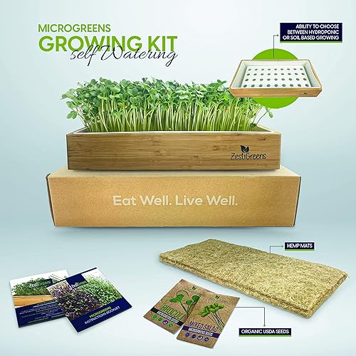 Miniatura 3 de Kit de cultivo de microgreens de autorriego incluye bandeja de microverdes, semillas de microverdes, tapetes y envoltura de bambú. No necesita
