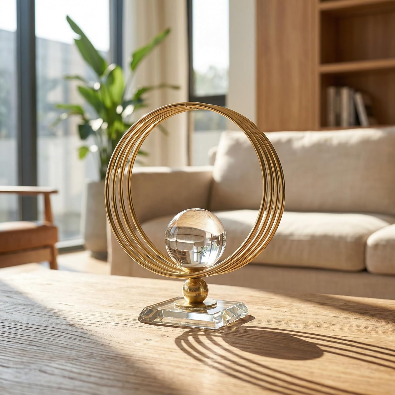 Modern Crystal Ball Decor with Gold Metal Ring Frame, 5.3in / 13.5cm Circular De…