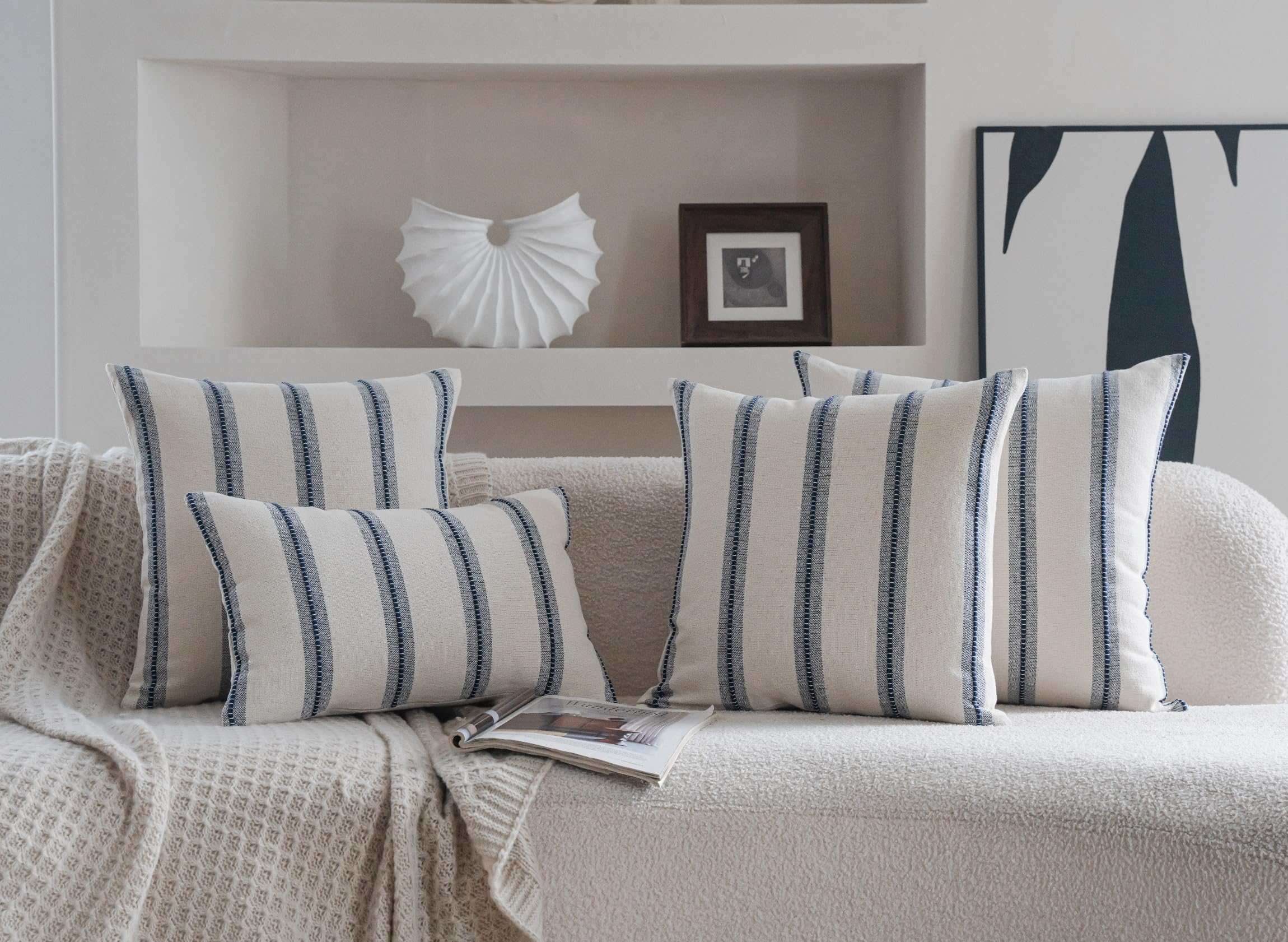Cethom Set di 2 federe per cuscini in stile bohémien, 56 x 55 cm, colore blu navy a righe, per divano, sedia, letto, federe testurizzate per soggiorno