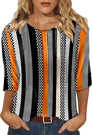 KISSMODA Tunic Tops for Women Loose Fit Dressy Round Neck Pleated 3/4 Length Sleeve Spring Tops