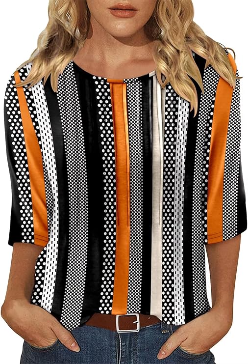 KISSMODA Tunic Tops for Women Loose Fit Dressy Round Neck Pleated 3/4 Length Sleeve Spring Tops