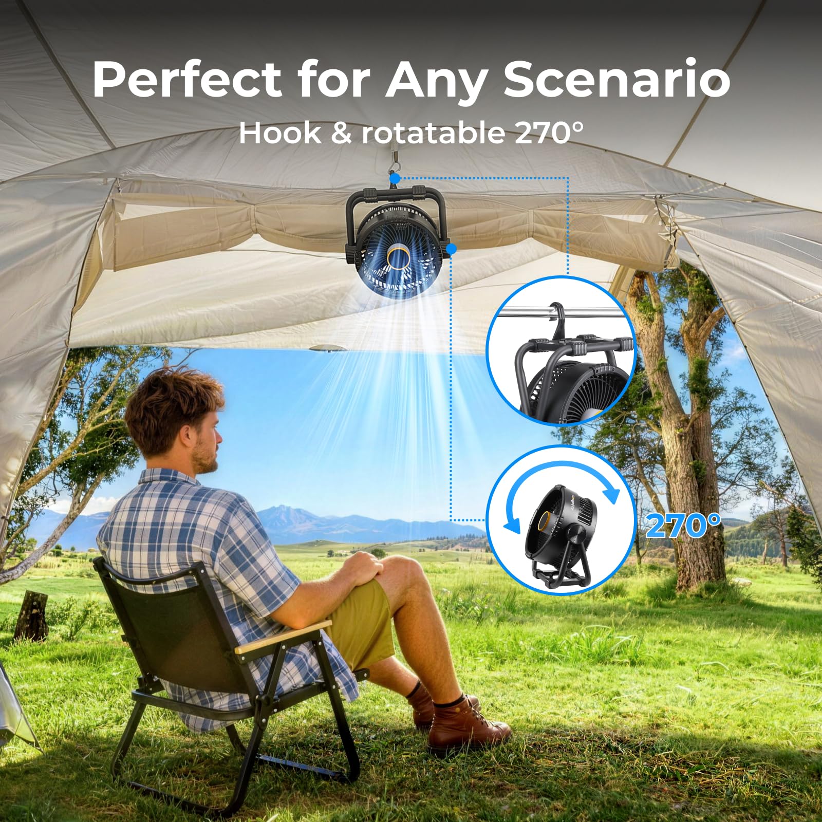 BougeRV F01 Ventilatore Portatile Ricaricabile Batteria 20000mAh, Staffa in Metallo, USB Silenzioso e Potente con Luce LED e App per Tavolo, Auto, Camper, Furgone o Terrazza Esterna,Nero