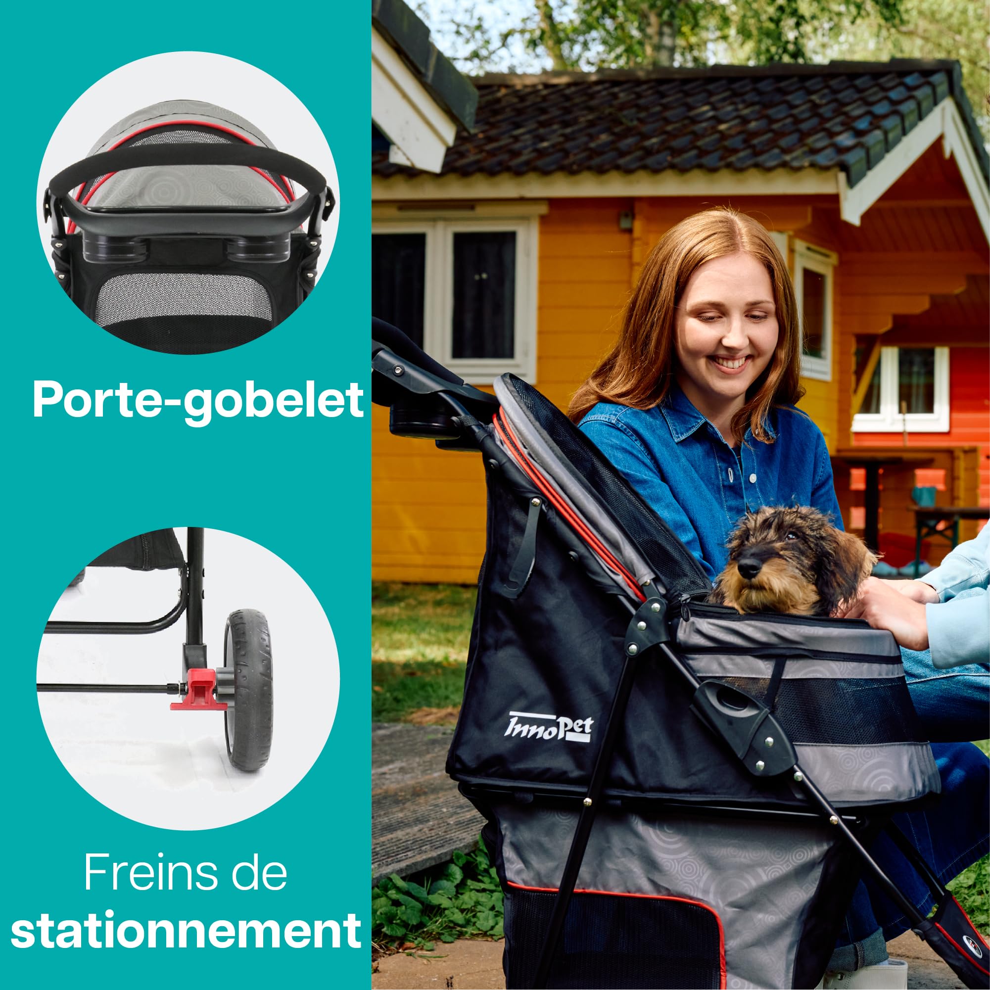 Poussette légère Innopet Avenue pour chiens et chats, gris/rouge - Poussette urbaine compacte pour animaux de compagnie avec housse de pluie, sangles de sécurité et panier de rangement