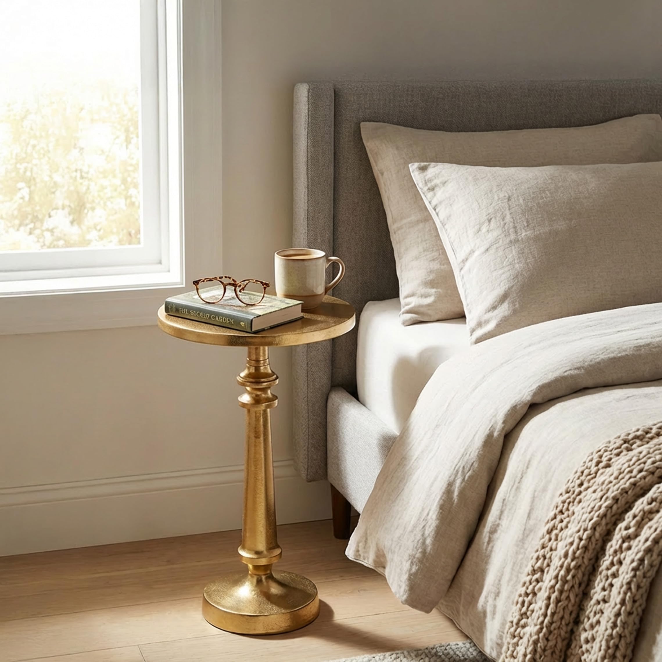 small round gold side table by objet d'art, accent, end, pedestal, martini, cocktail and drink table for living room and small spaces, petra vintage metal brass style decor, 21'' height