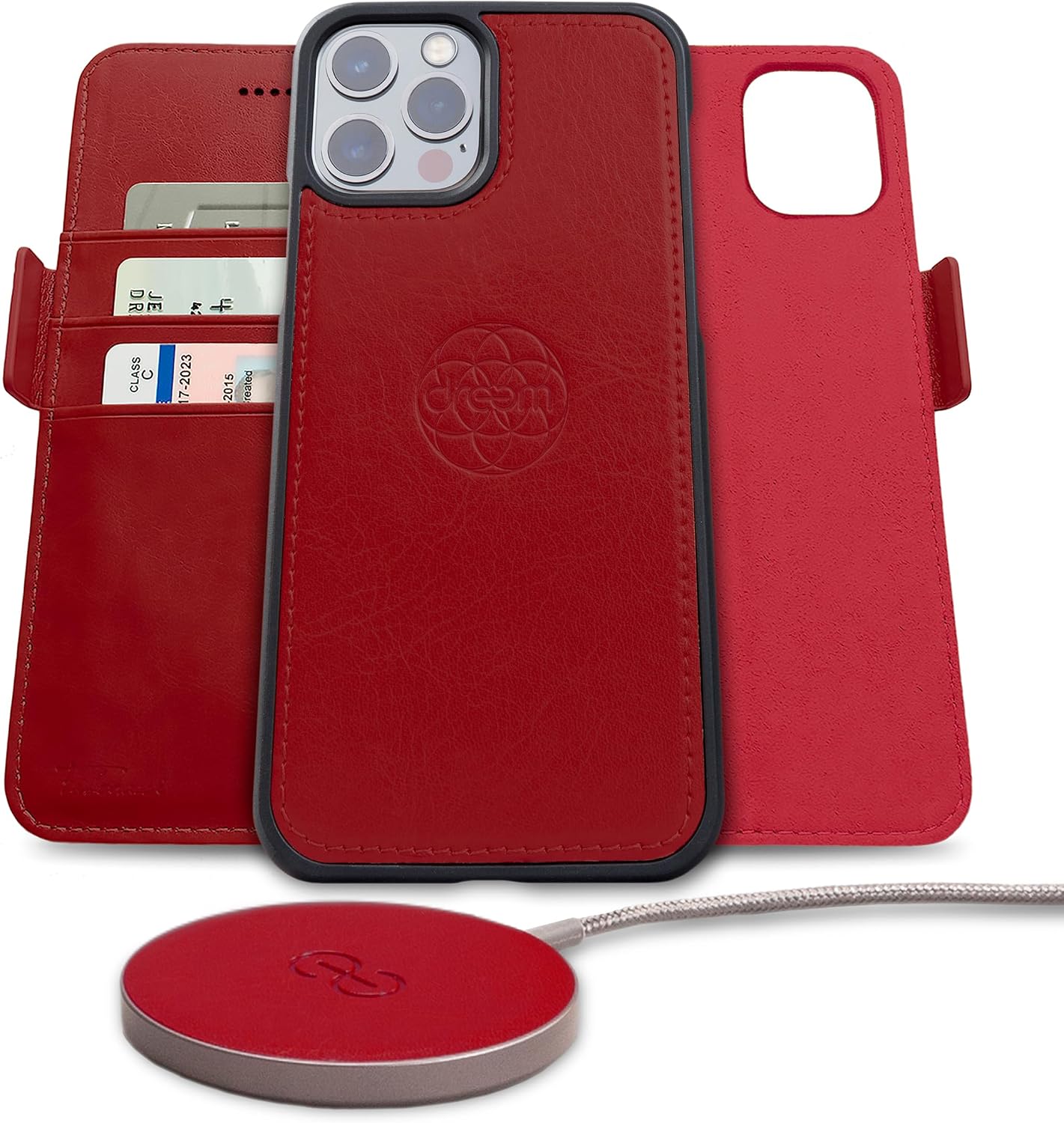 Dreem Bundle: Fibonacci Wallet-Case for iPhone 13 Pro with Empower Wireless Charger Pad [Red]