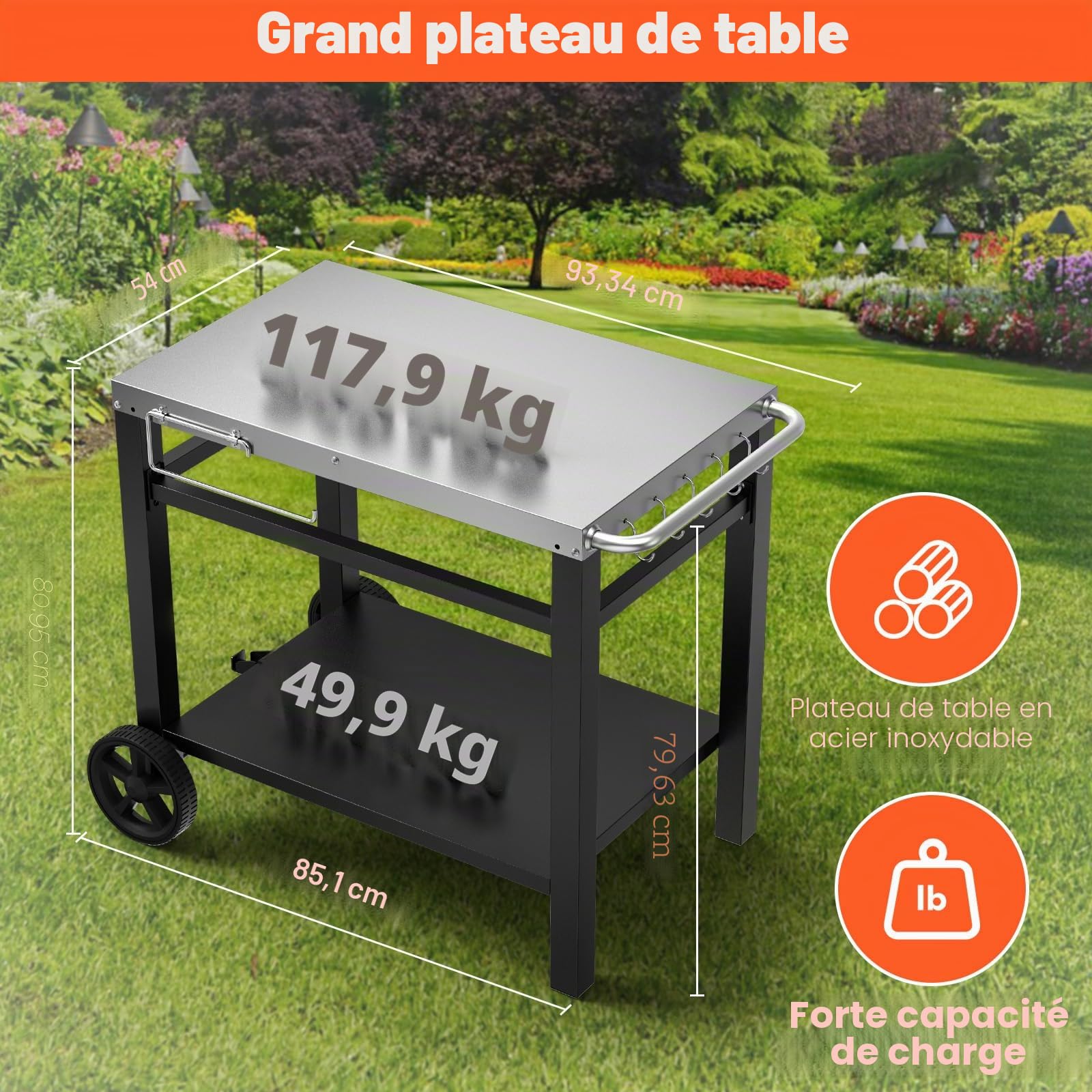 Table de Barbecue en Acier Inoxydable avec 2 Étages, Support de Four à Pizza, Chariot de Travail avec 5 Crochets, Chariot de Service Extérieur