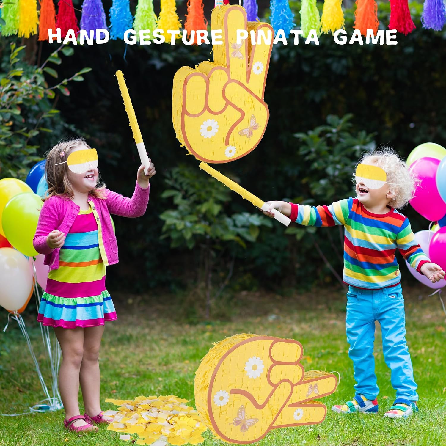 15.3 x 9.8 x 2.7 inch Funny Peace Hand Pinata Hand Gesture Pinata with Blindfold Stick and Confetti for Adults Kids Birthday Hip Hop Party Decorations