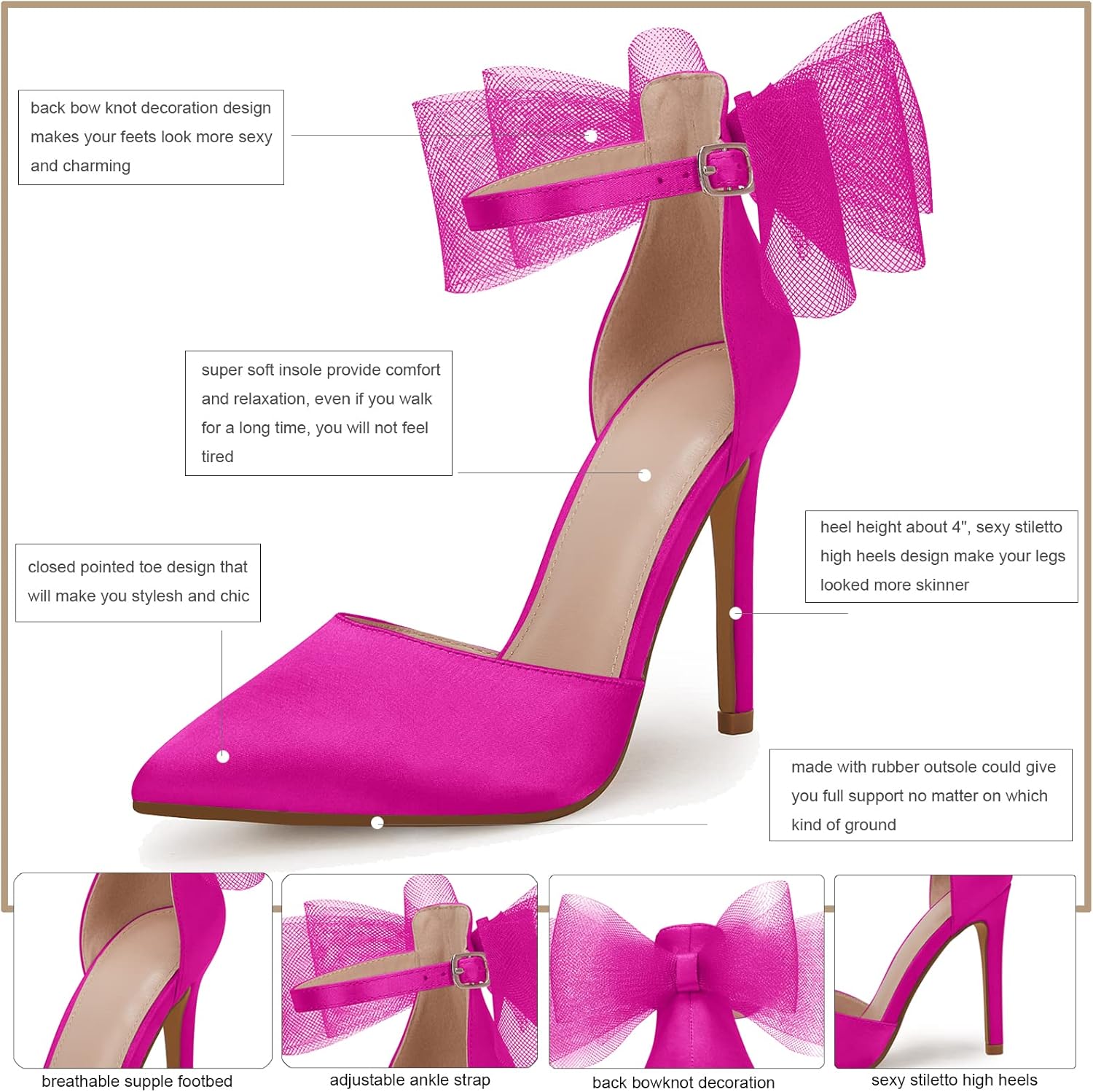 Coutgo Women's Closed Pointed Toe High Heels with Bow Knot Ankle Strap Satin Stiletto Pumps - Image 5